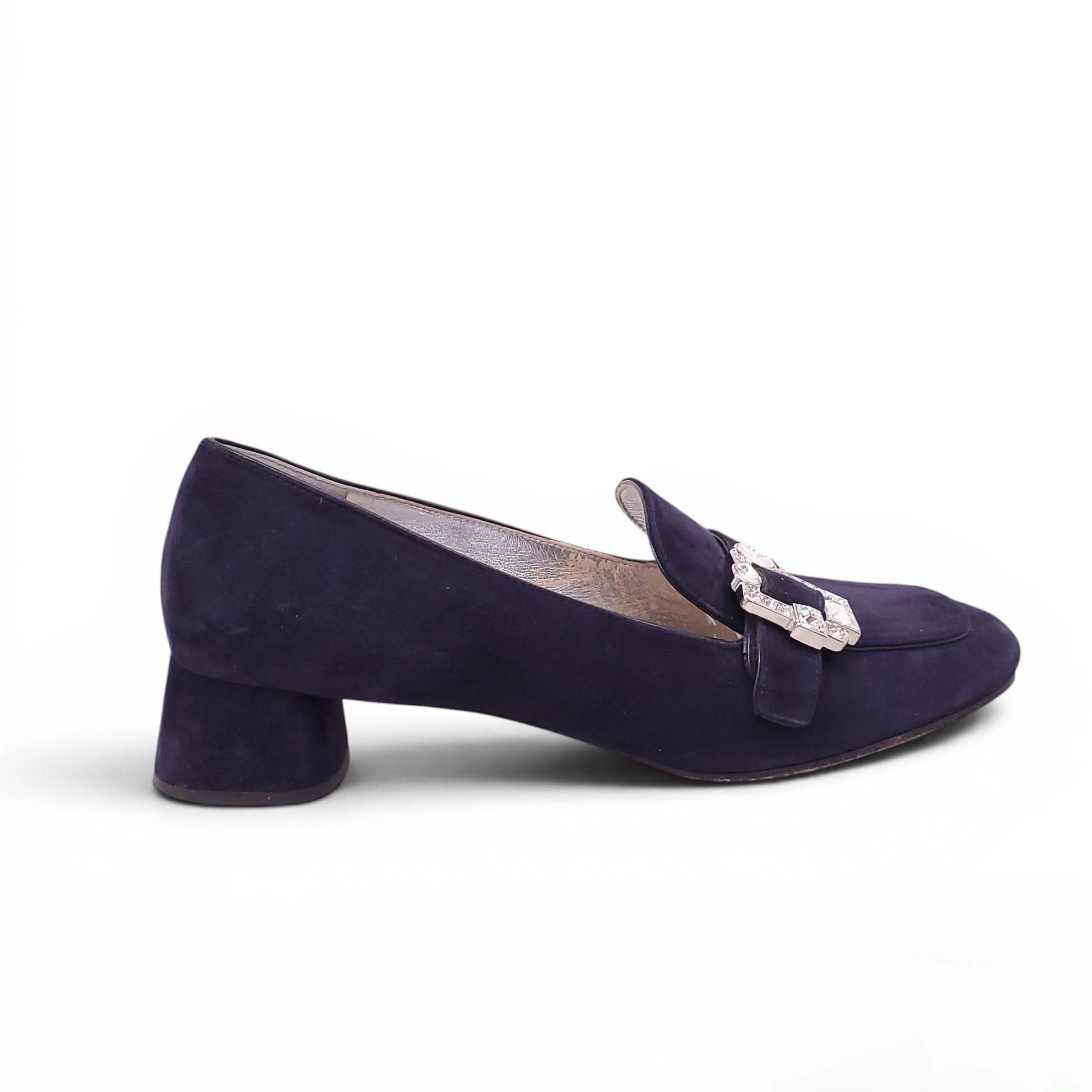 PRADA NAVY CRYSTAL SUEDE LOAFERS WITH CRYSTAL - SIZE 38