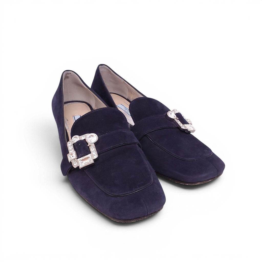 PRADA NAVY CRYSTAL SUEDE LOAFERS WITH CRYSTAL - SIZE 38