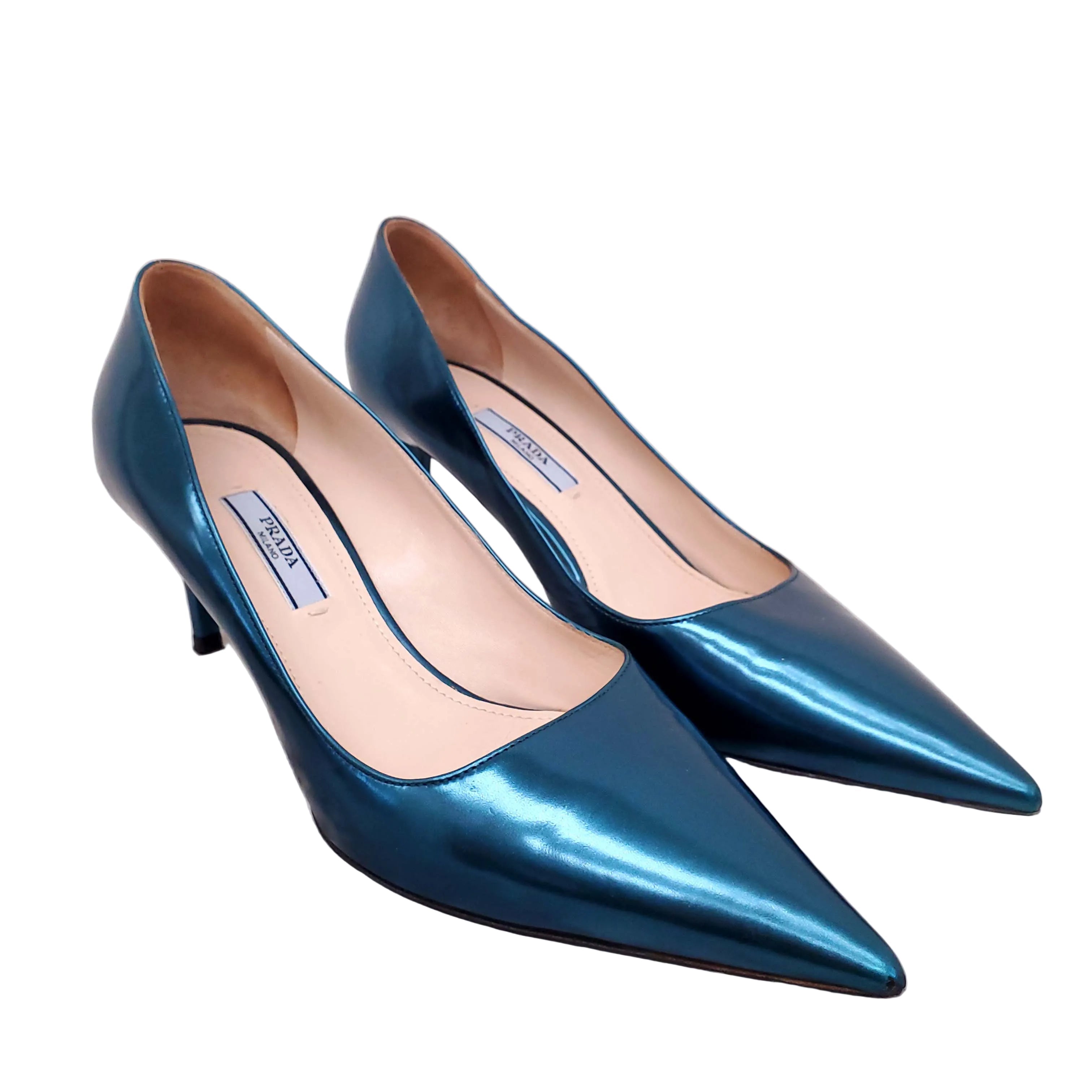 PRADA TURQUOISE METALLIC HEELS - SIZE 38