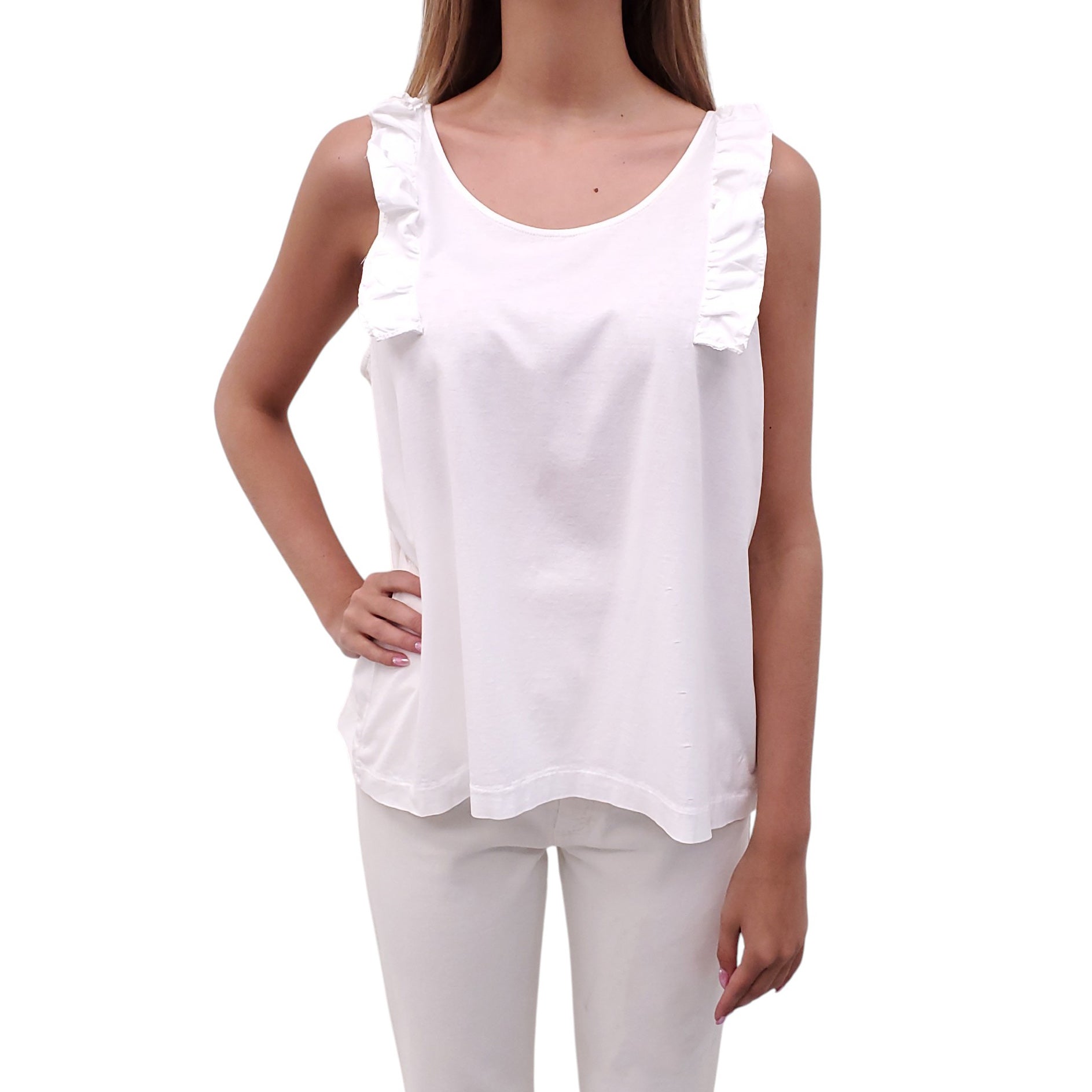PRADA WHITE BLOUSE WITH RUFFLE DETAIL - SIZE S