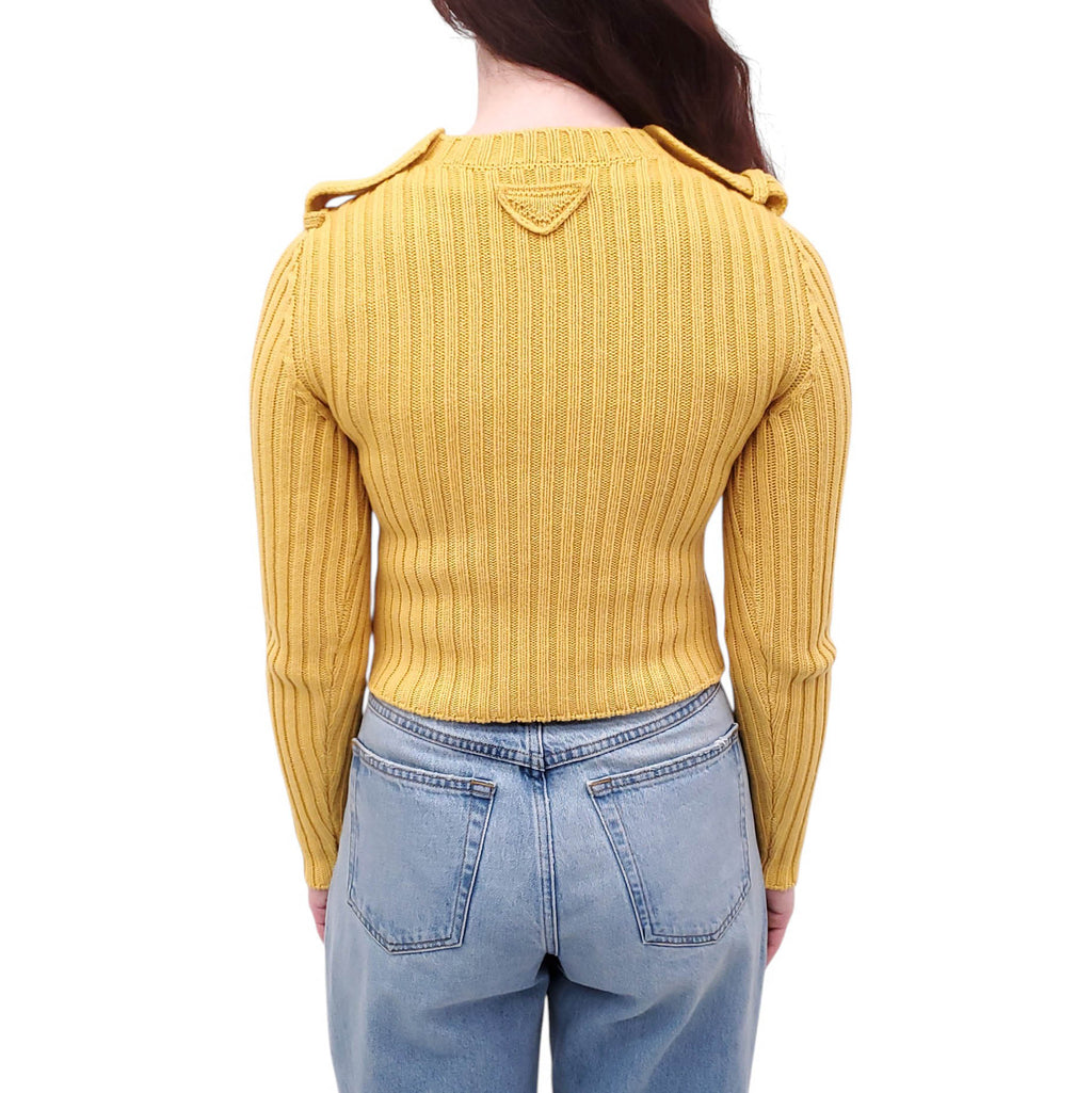 PRADA YELLOW RIBBED SWEATER WITH TRIANGLE LOGO AND POCKET - SIZE 36