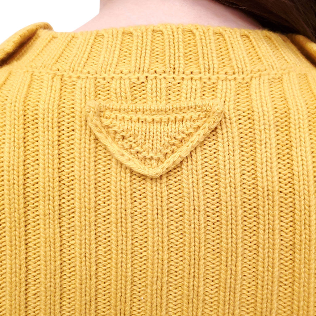 PRADA YELLOW RIBBED SWEATER WITH TRIANGLE LOGO AND POCKET - SIZE 36
