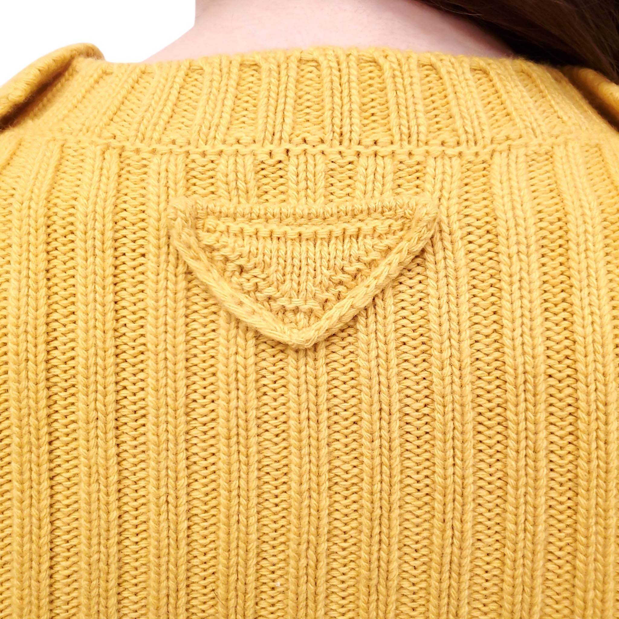 PRADA YELLOW RIBBED SWEATER WITH TRIANGLE LOGO AND POCKET - SIZE 36