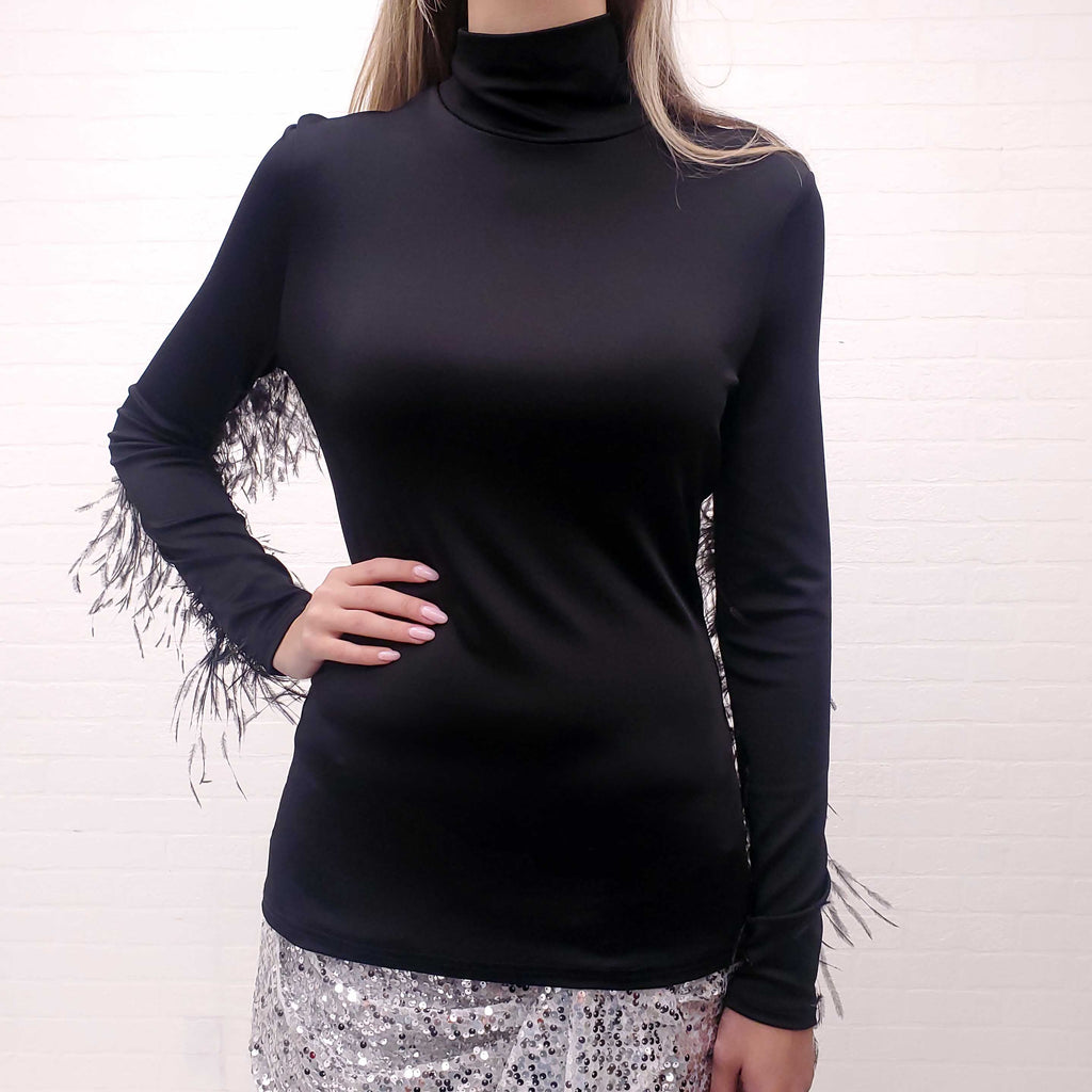 PROENZA SCHOULER SHINY JERSEY BLACK TOP WITH FEATHER - SIZE 8
