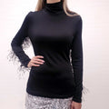 PROENZA SCHOULER SHINY JERSEY BLACK TOP WITH FEATHER - SIZE 8