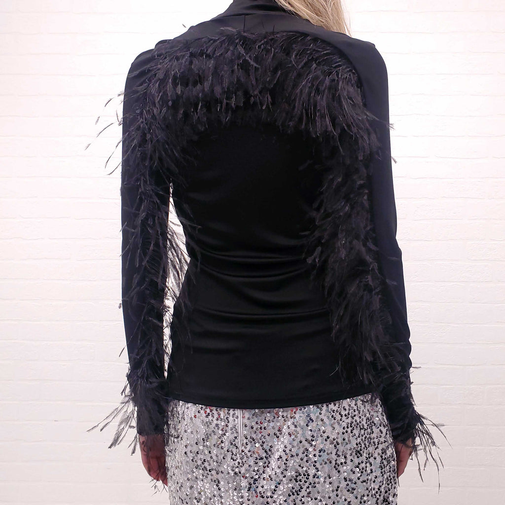 PROENZA SCHOULER SHINY JERSEY BLACK TOP WITH FEATHER - SIZE 8