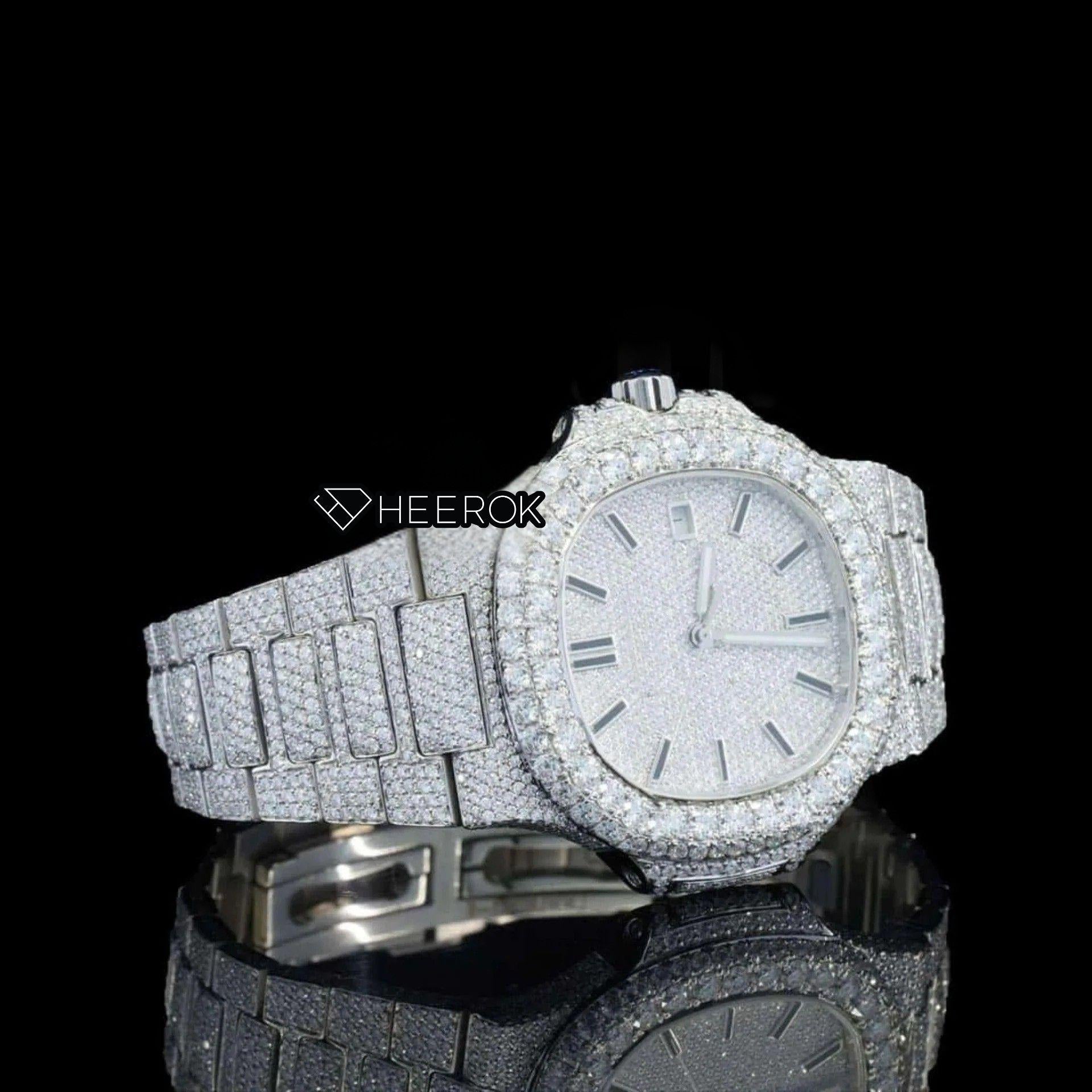 Patek Philippe Nautilus Full Pave Dial Stick Markers Diamond Bezel Fully Iced Moissanite Diamond Watch