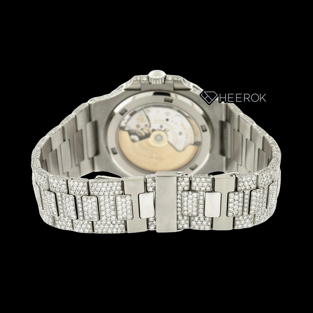 Patek Philippe Nautilus Full Pave White Dial Baguette Diamond Markers Diamond Bezel Fully Iced Moissanite Diamond Watch