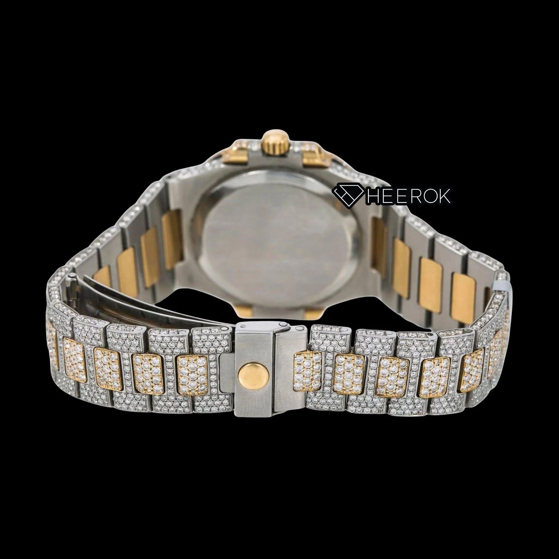 Patek Philippe Nautilus Full Pave White Dial Stick Markers Diamond Bezel Two Tone Yellow Gold Moissanite Diamond Watch