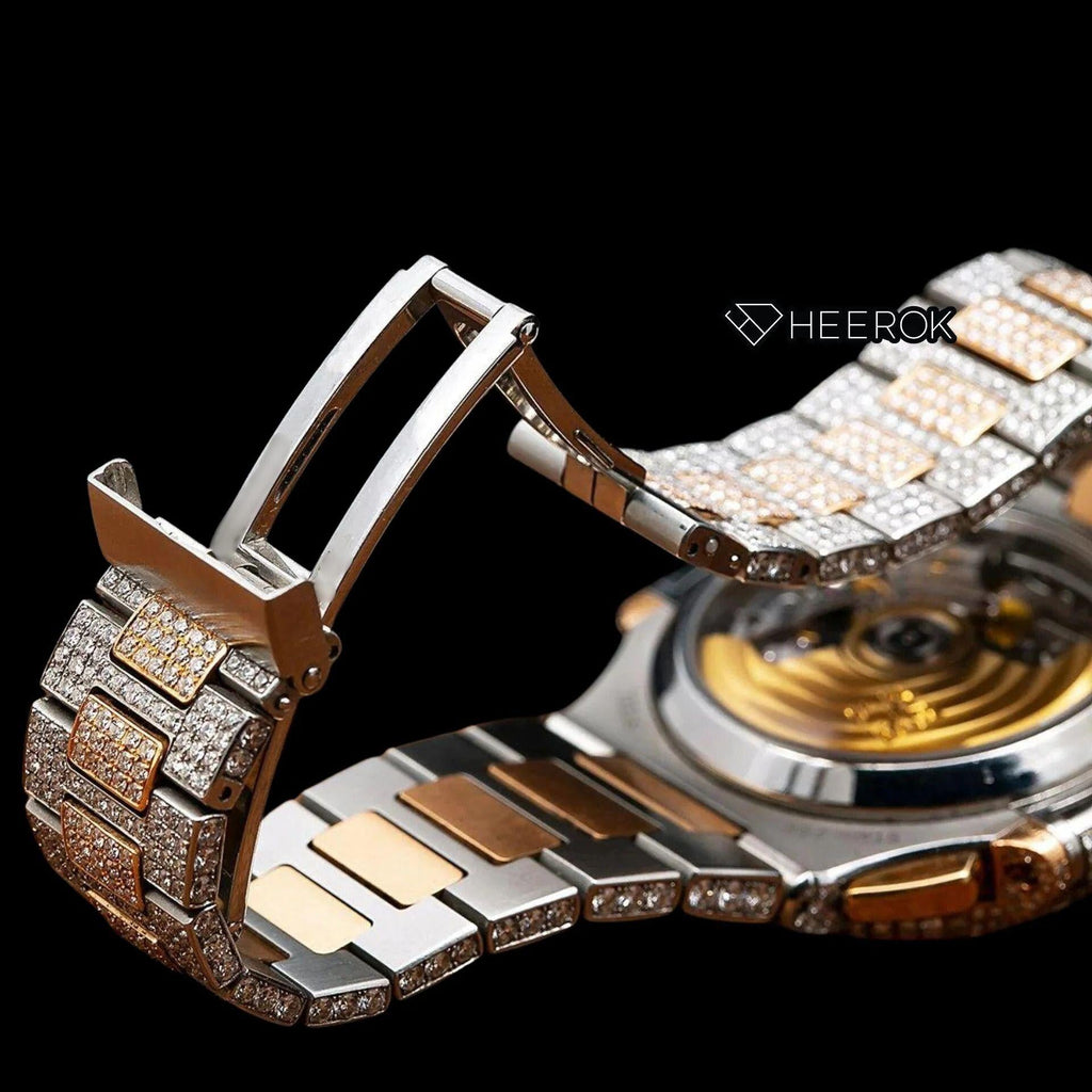 Patek Philippe Nautilus Rose Gold Dial Stick Markers Diamond Bezel Two Tone Rose Gold Moissanite Diamonds