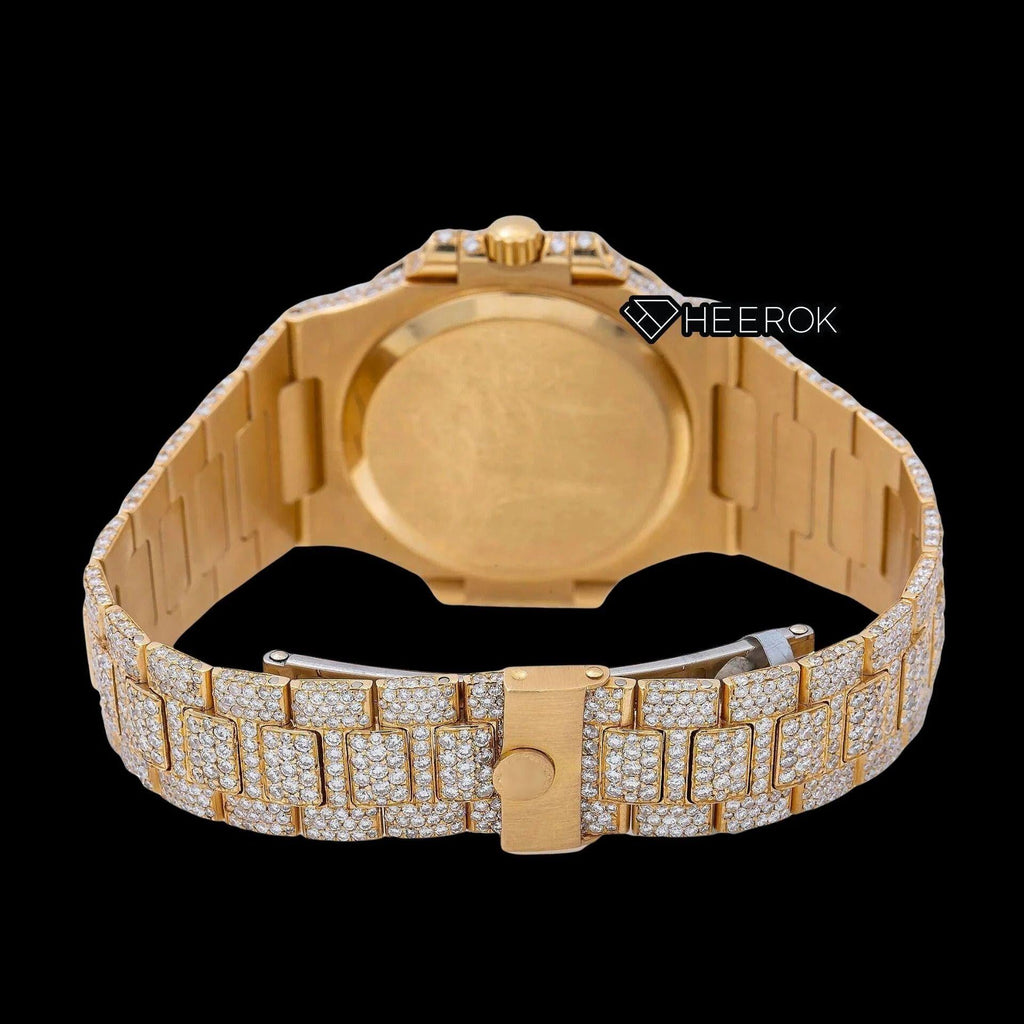 Patek Philippe Nautilus White Dial Baguette Diamond Markers Diamond Bezel Yellow Gold Moissanite Diamond Watch