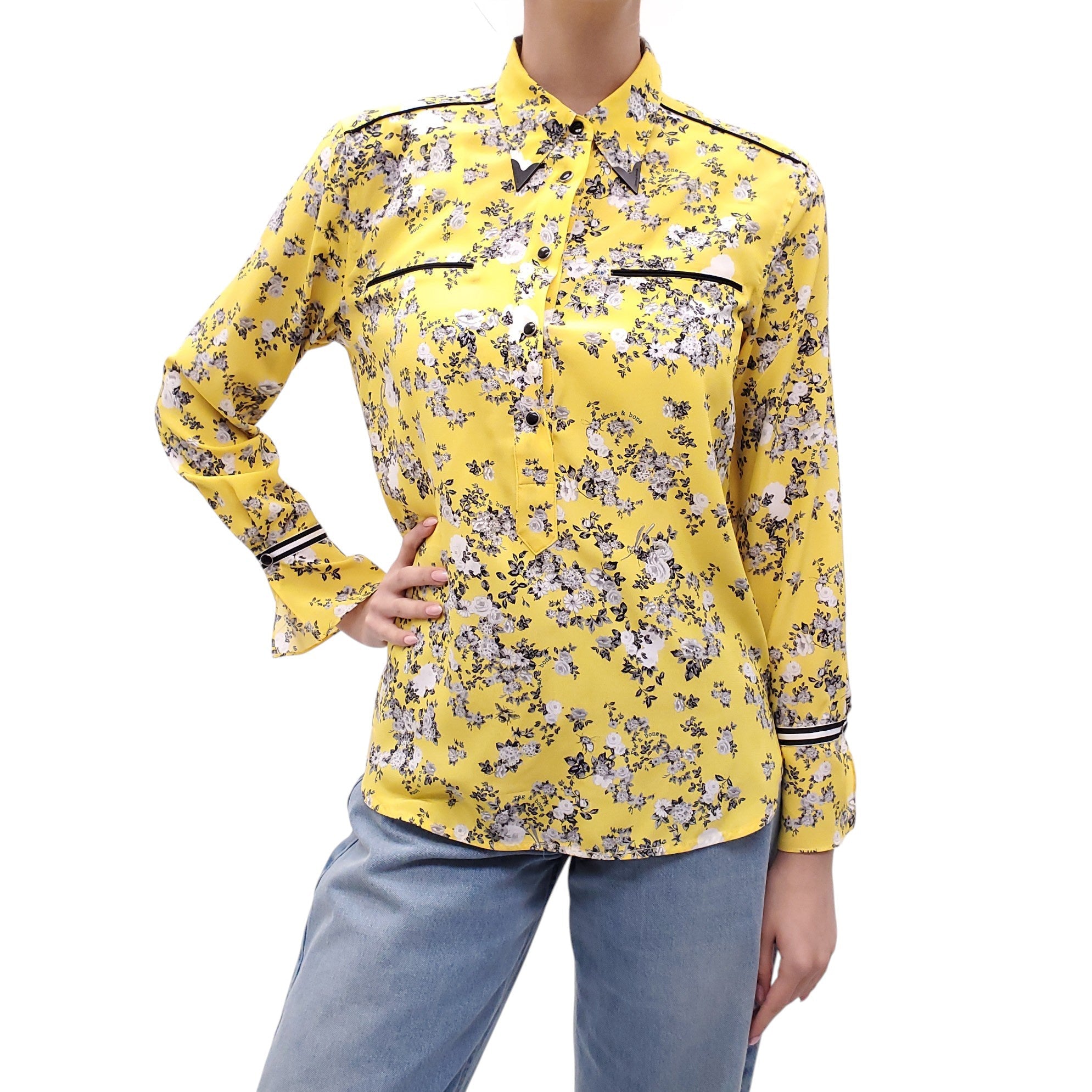 RAG & BONE BRIGHT YELLOW FLORAL BLOUSE - SIZE XS