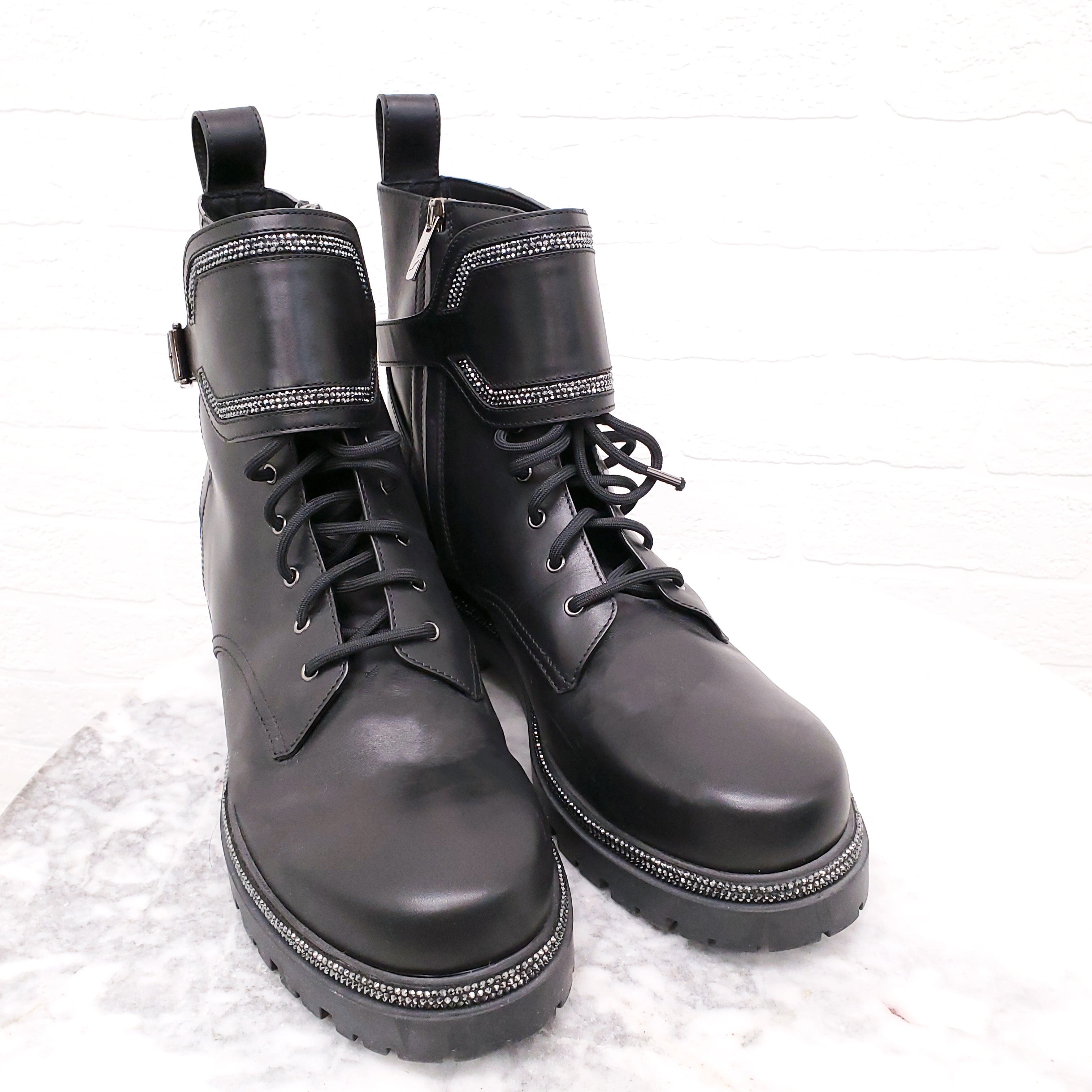 RENE CAOVILLA BLACK LEATHER MOTORCYCLE BOOTS WITH RHINESTONE DETAIL - SIZE 41
