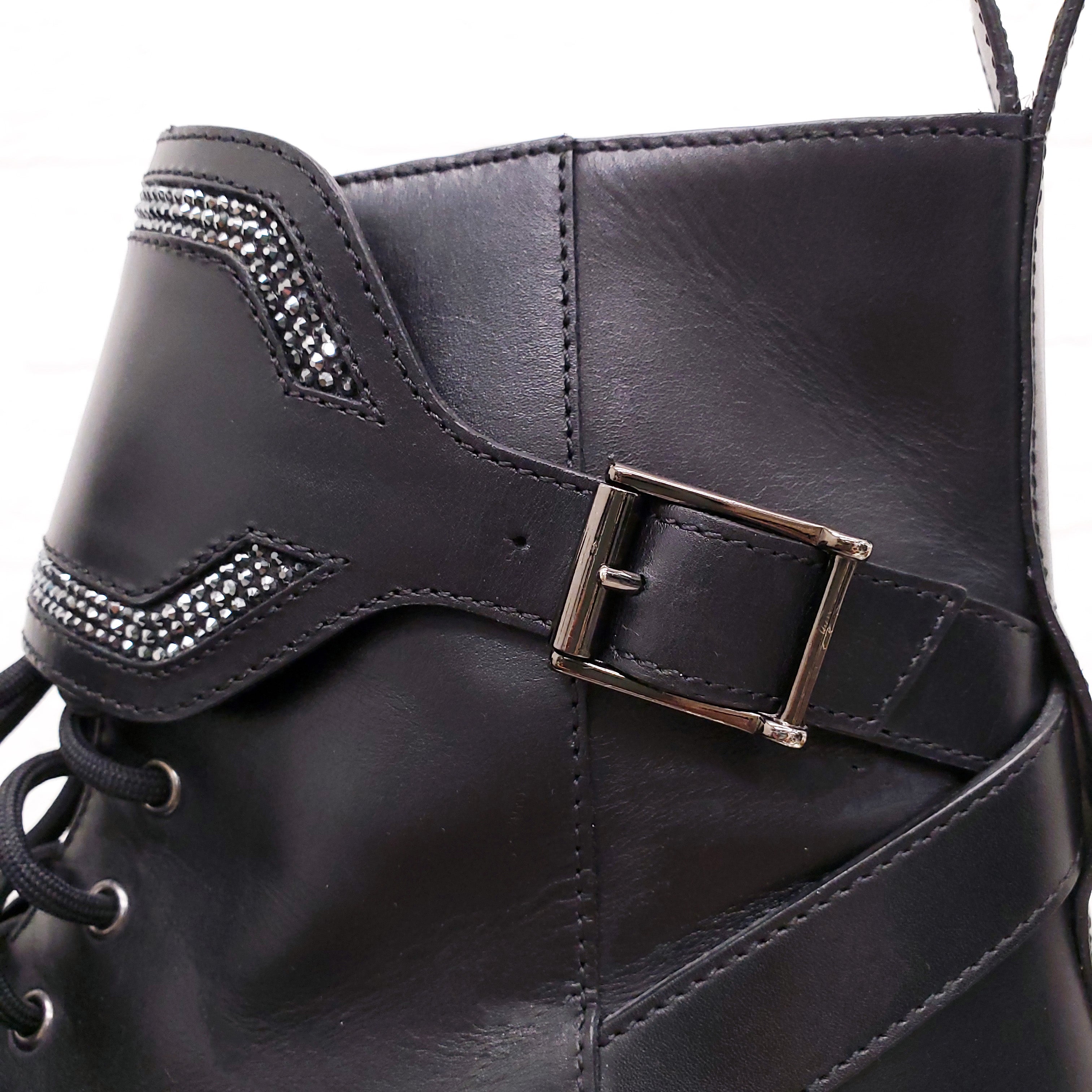 RENE CAOVILLA BLACK LEATHER MOTORCYCLE BOOTS WITH RHINESTONE DETAIL - SIZE 41