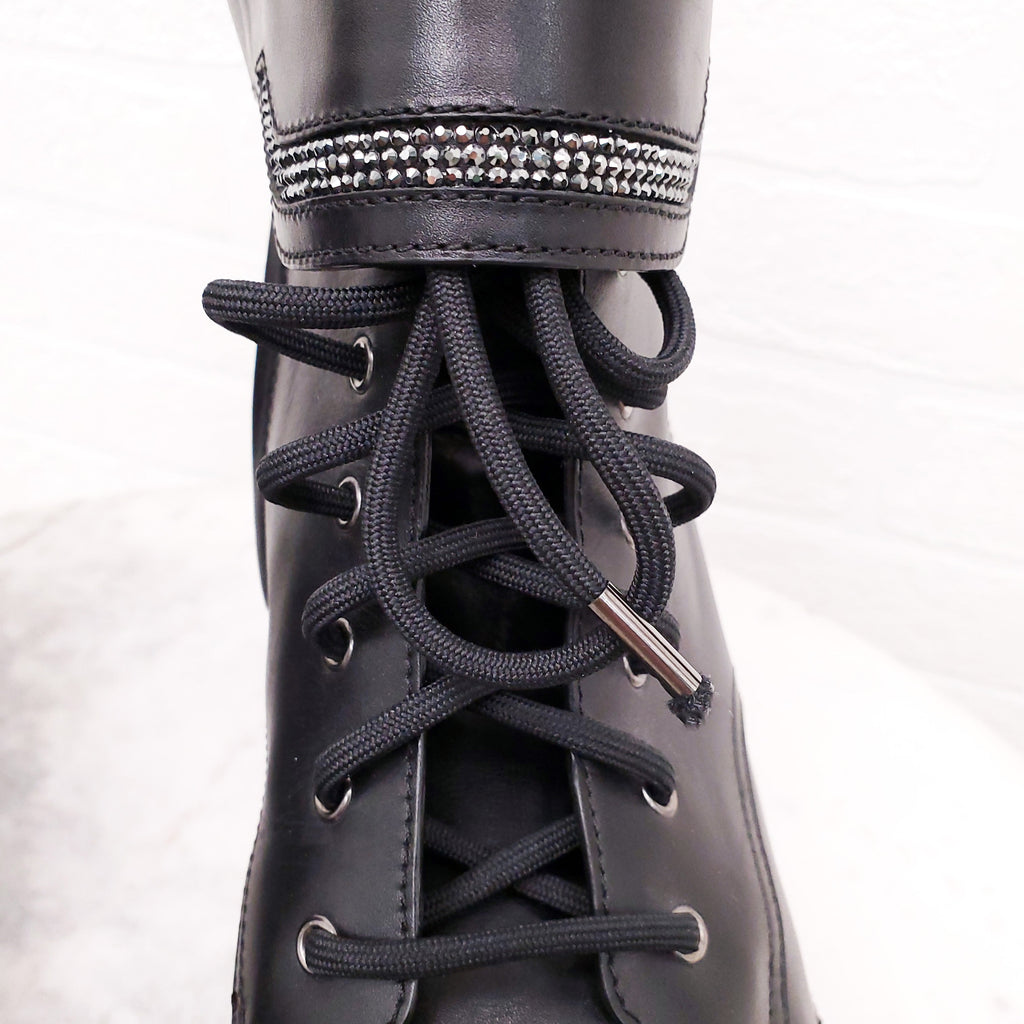 RENE CAOVILLA BLACK LEATHER MOTORCYCLE BOOTS WITH RHINESTONE DETAIL - SIZE 41
