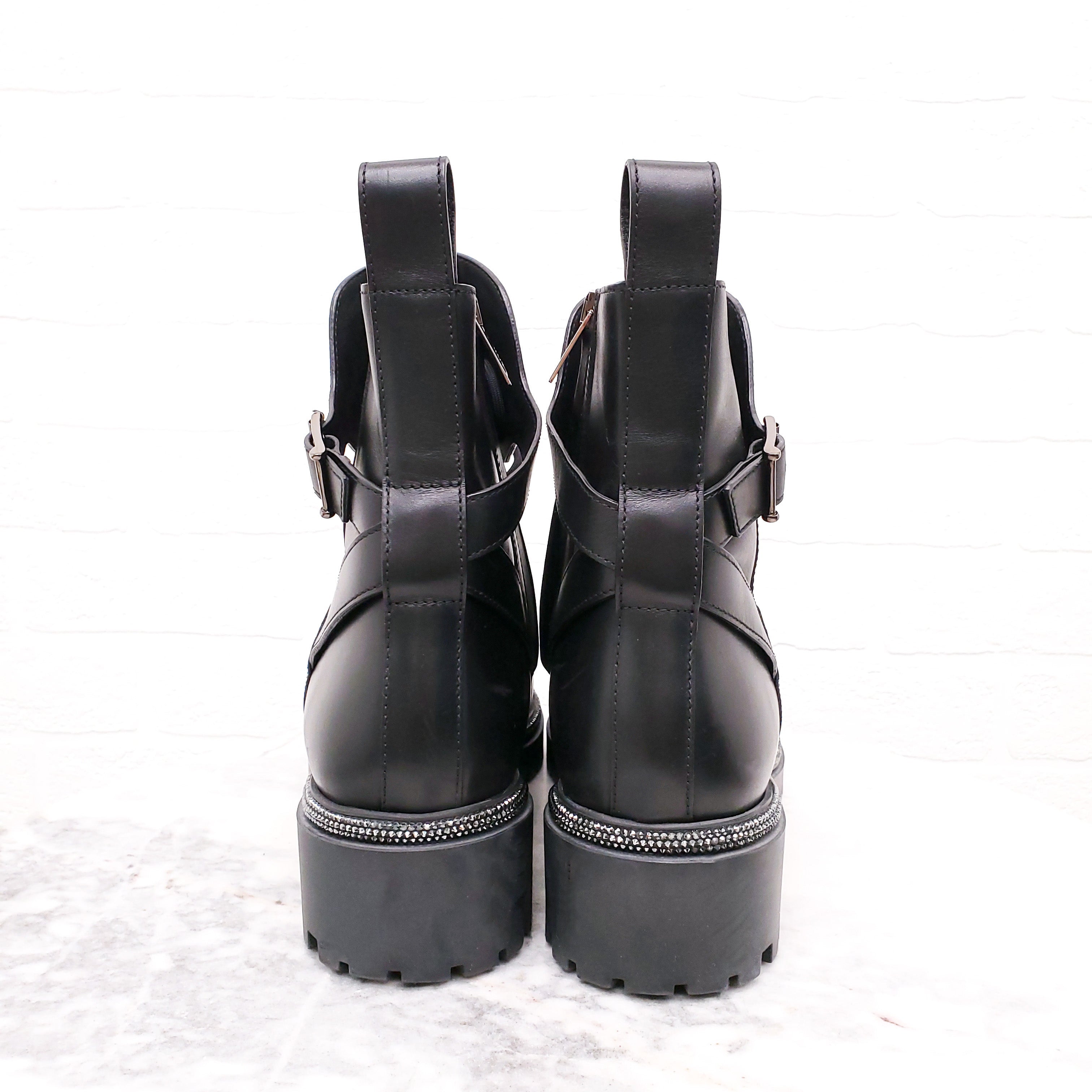 RENE CAOVILLA BLACK LEATHER MOTORCYCLE BOOTS WITH RHINESTONE DETAIL - SIZE 41