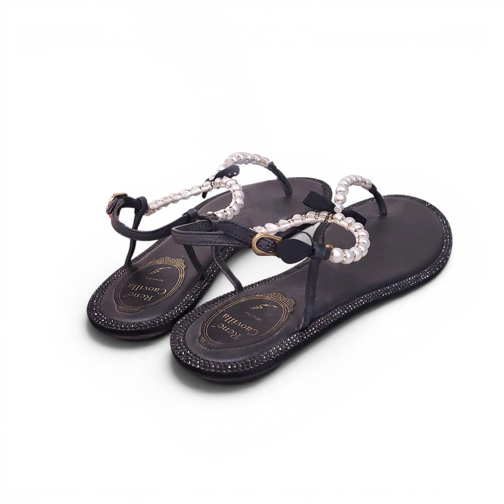 RENÉ CAOVILLA BLACK PEARL SANDALS - SIZE 40