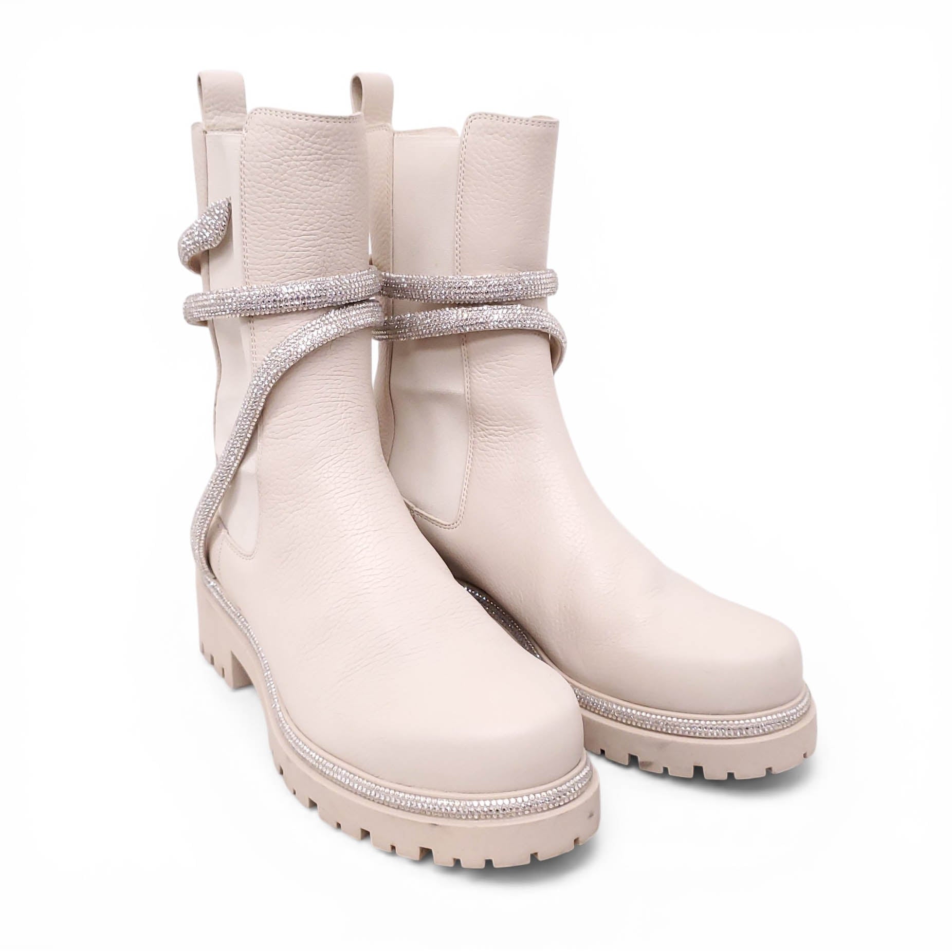 RENE CAOVILLA CREAM CRYSTAL WRAP BOOTS - SIZE 38.5