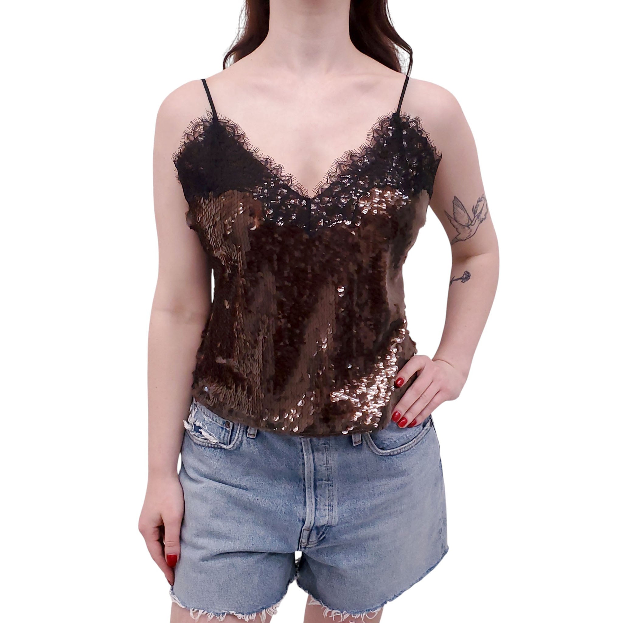 RETROFÊTE BROWN SEQUIN TANK TOP WITH LACE - SIZE M
