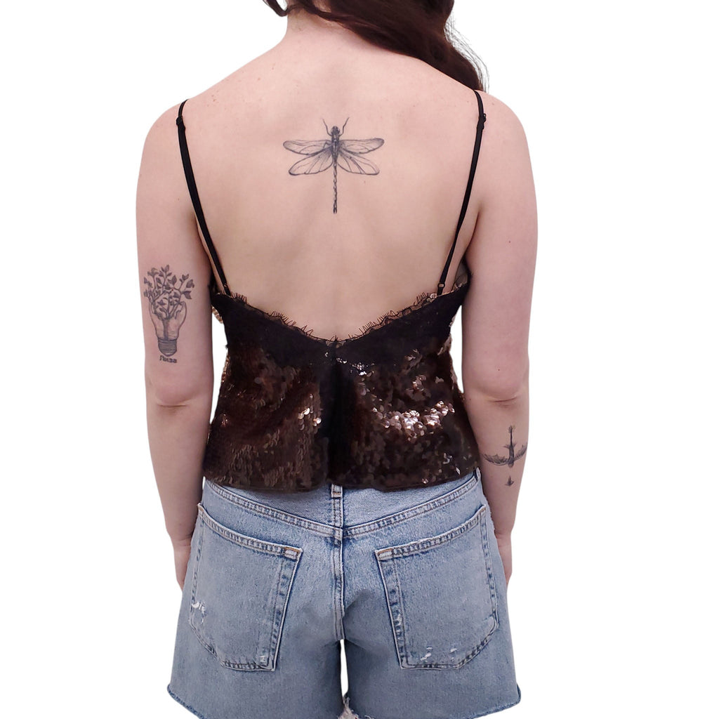 RETROFÊTE BROWN SEQUIN TANK TOP WITH LACE - SIZE M