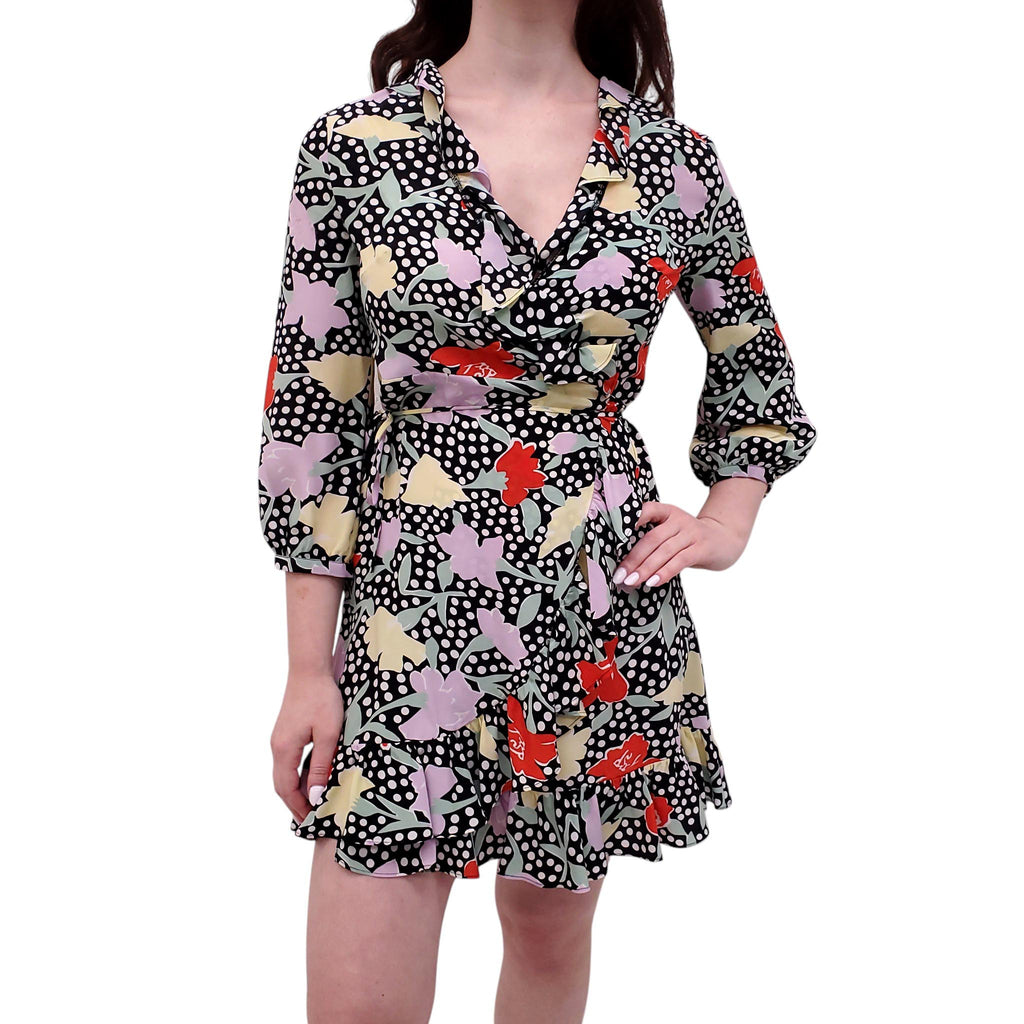 RIXO PATTERNED WRAP DRESS - SIZE S