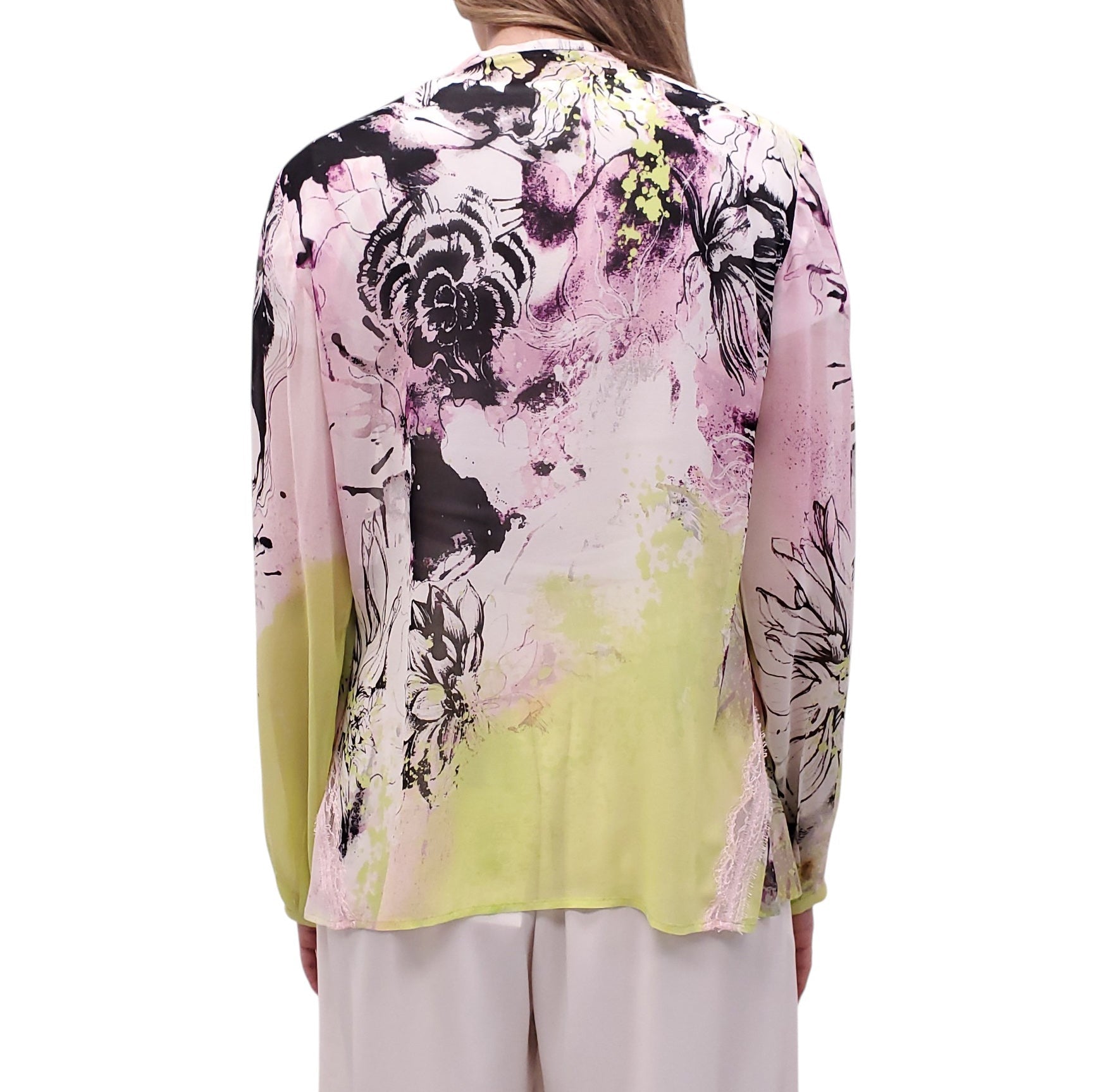 ROBERTO CAVALLI PINK AND NEON YELLOW FLORAL SILK BLOUSE - SIZE 44