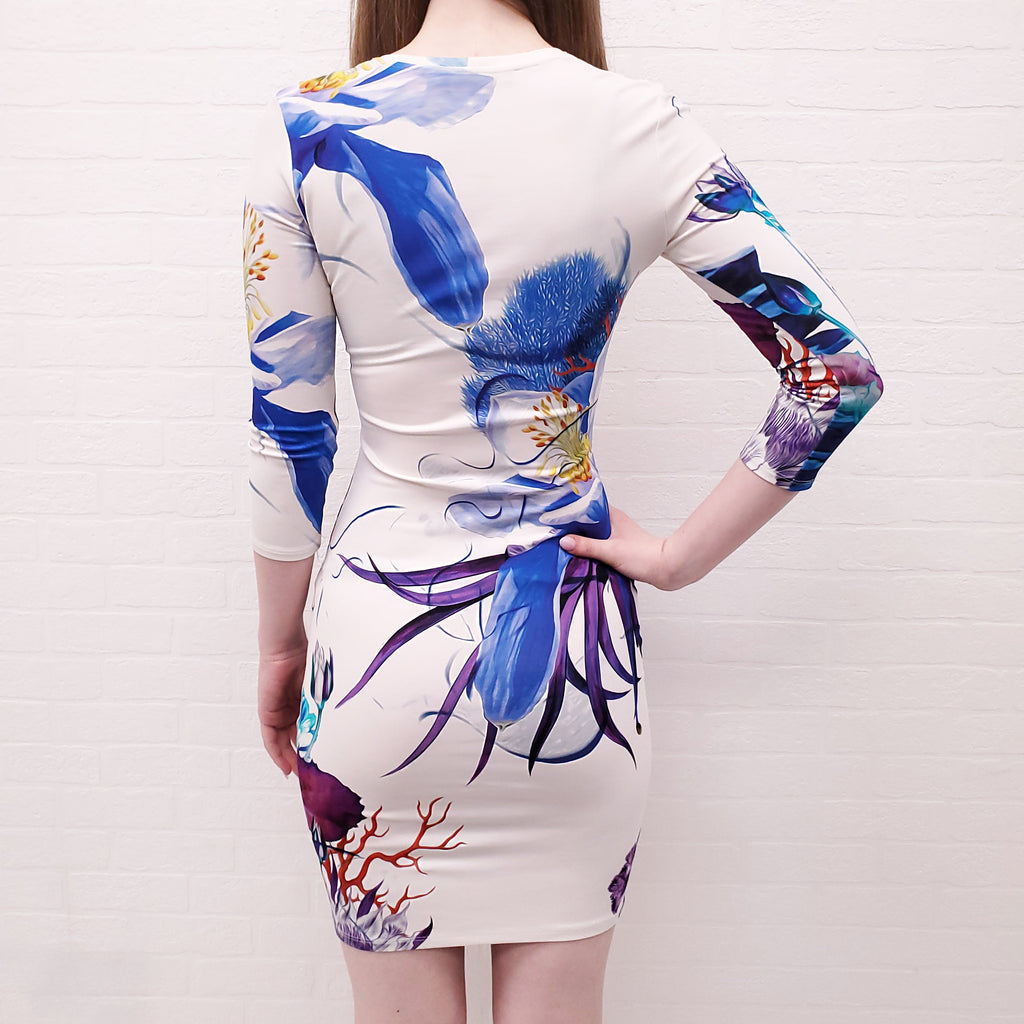 ROBERTO CAVALLI WHITE FLORAL LONG SLEEVE DRESS - SIZE 38