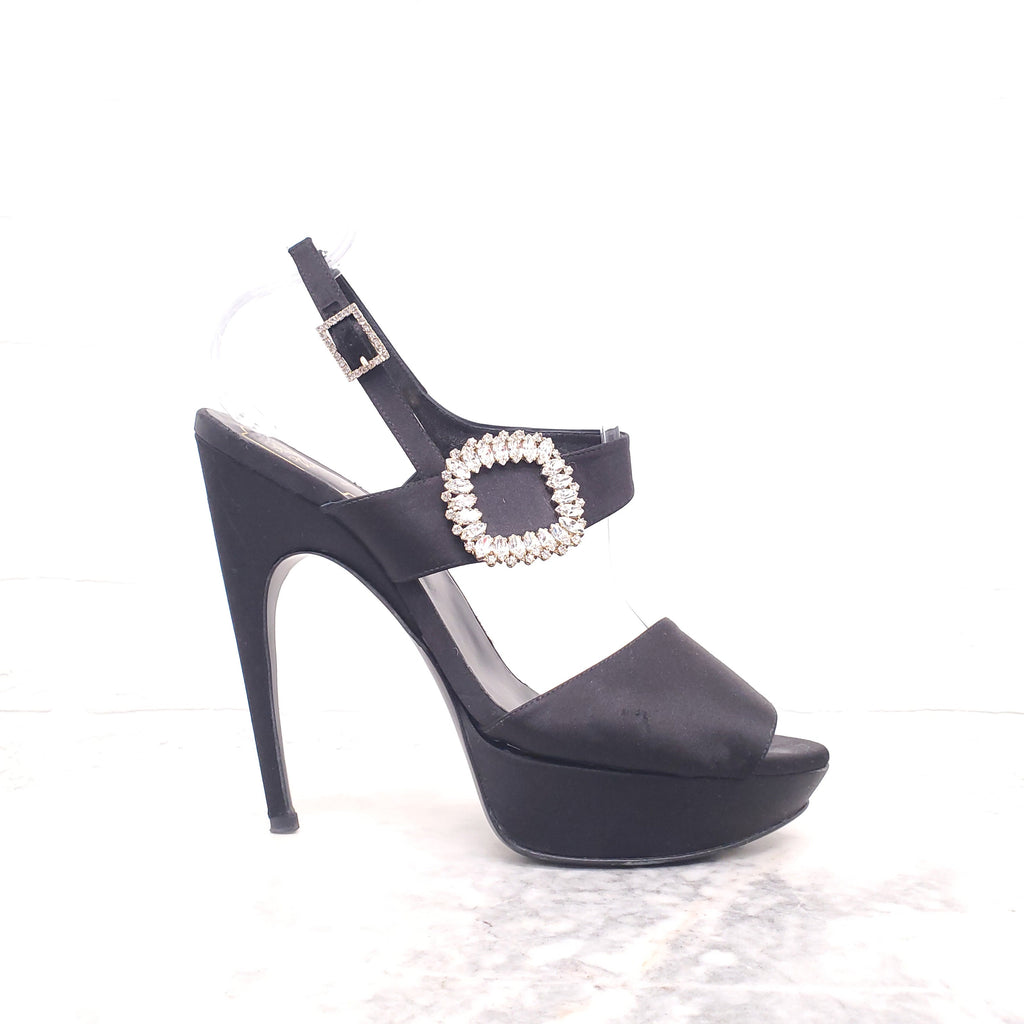 ROGER VIVIER BLACK SATIN PLATFORM OPEN TOE HEELS WITH CRYSTAL EMBELLISHMENT - SIZE 41