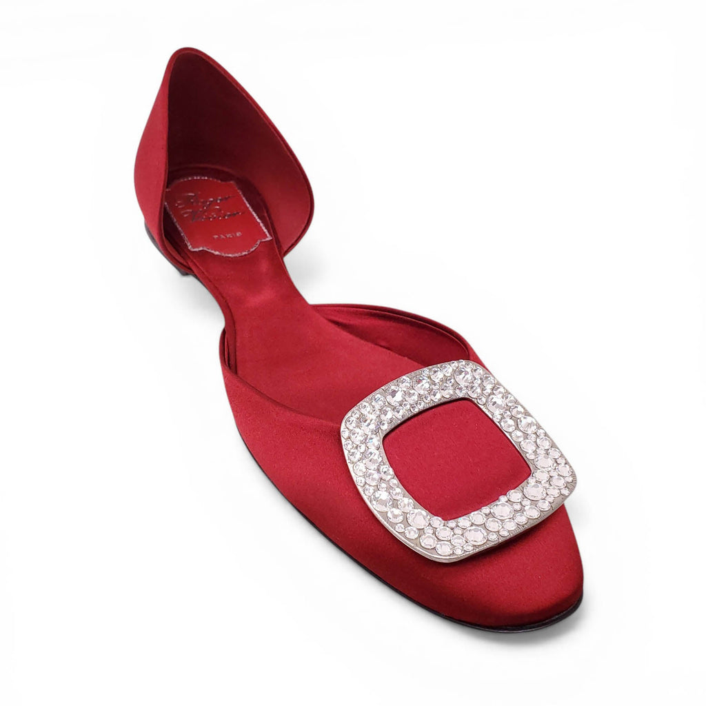 ROGER VIVIER RED SATIN CRYSTAL BALLERINA FLATS - SIZE 36.5