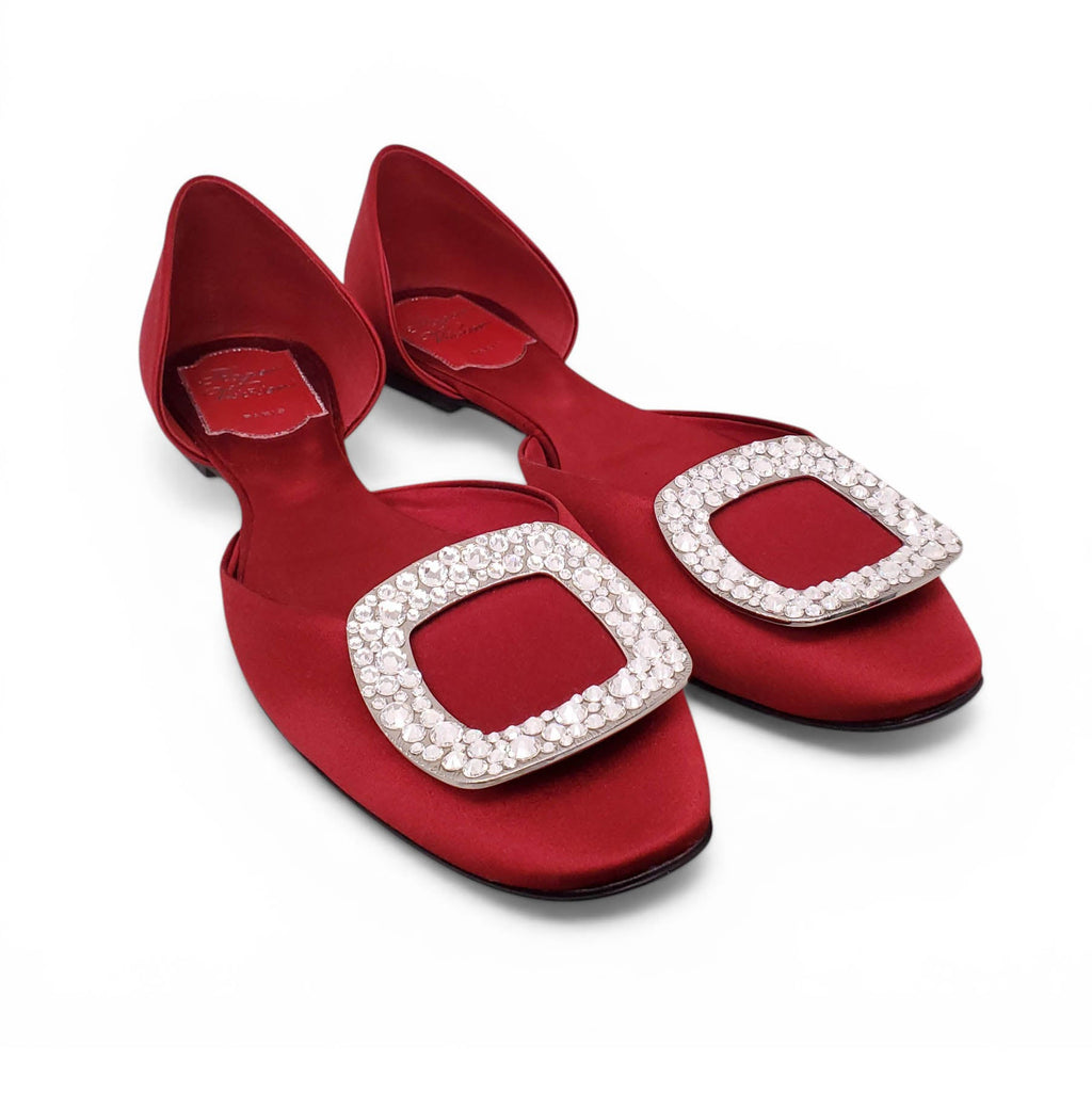 ROGER VIVIER RED SATIN CRYSTAL BALLERINA FLATS - SIZE 36.5