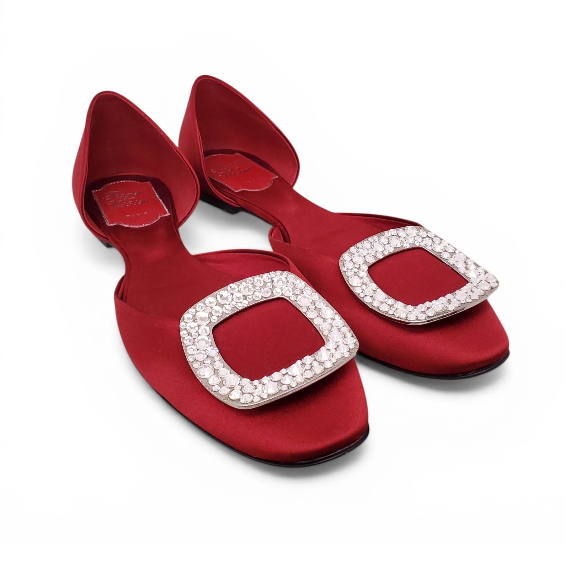 ROGER VIVIER RED SATIN CRYSTAL BALLERINA FLATS - SIZE 36.5