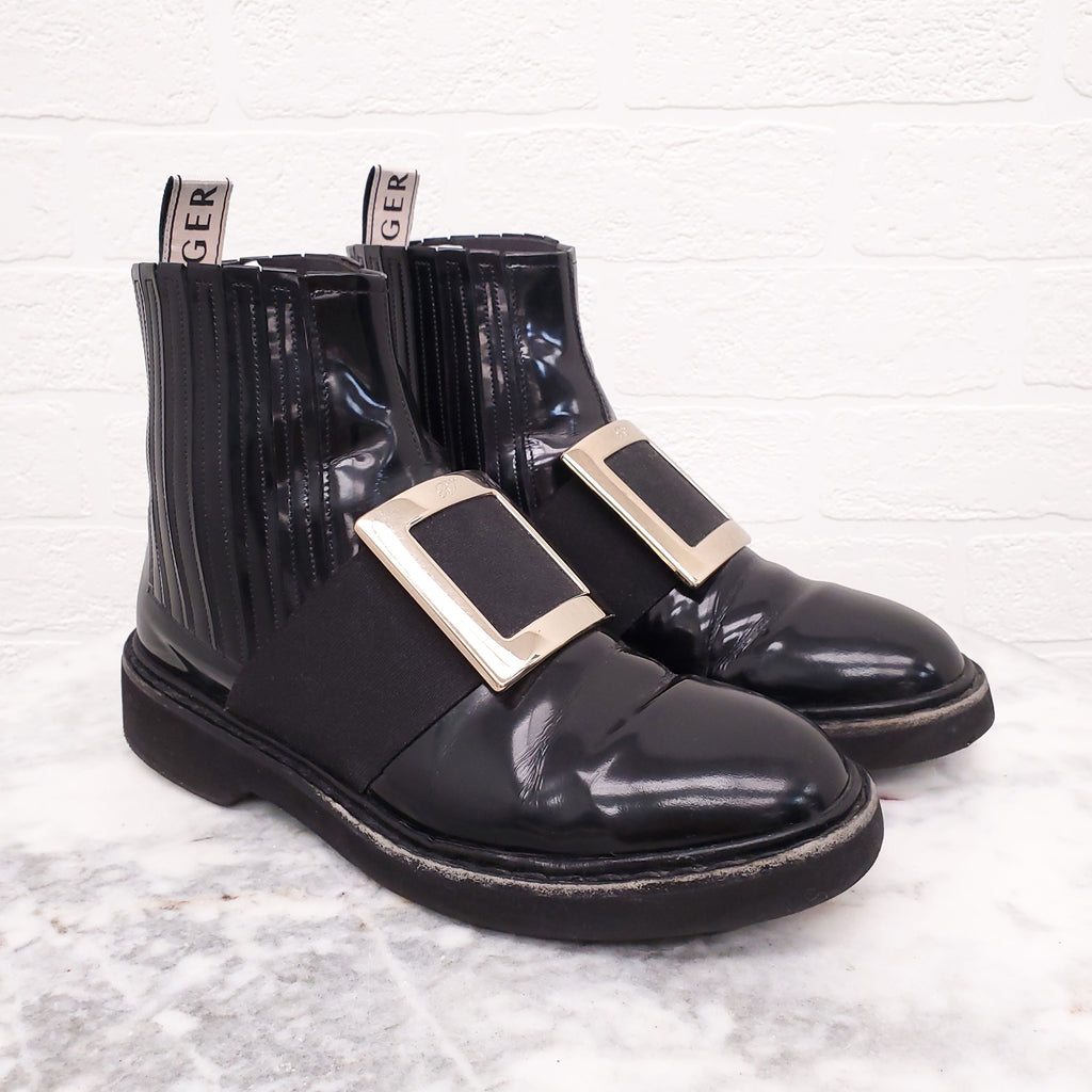 ROGER VIVIER 'CHELSEA VIV' LEATHER ANKLE BOOTS - SIZE 36.5