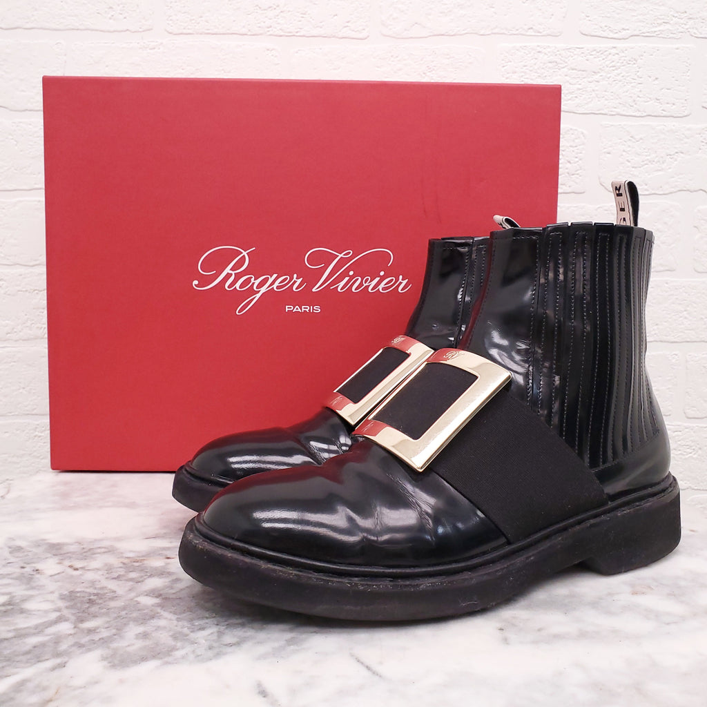 ROGER VIVIER 'CHELSEA VIV' LEATHER ANKLE BOOTS - SIZE 36.5