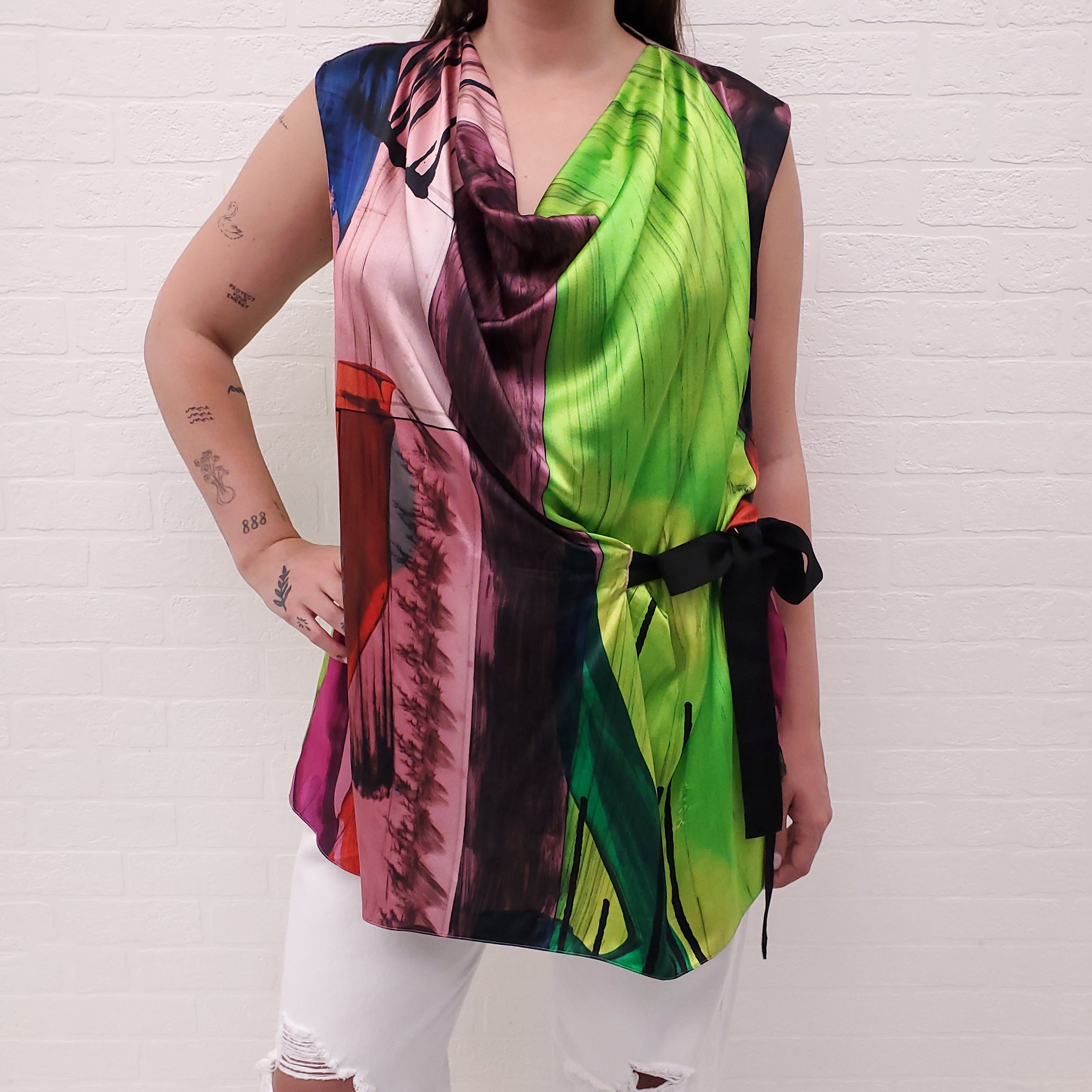 ROKSANDA MULTICOLOUR SILK SLEEVELESS BLOUSE WITH BELT - SIZE 10