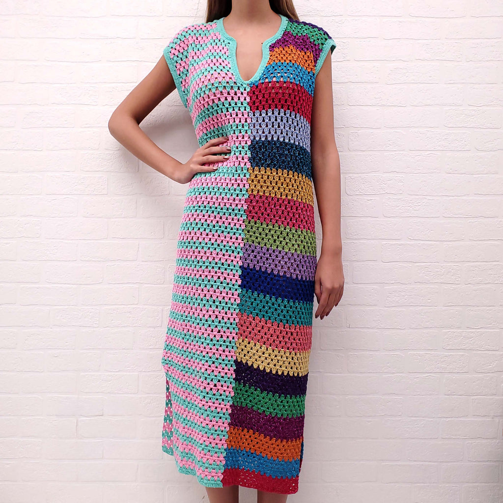 ROSE CARMINE TWO PATTERNED LONG CROCHET DRESS - SIZE 1/S