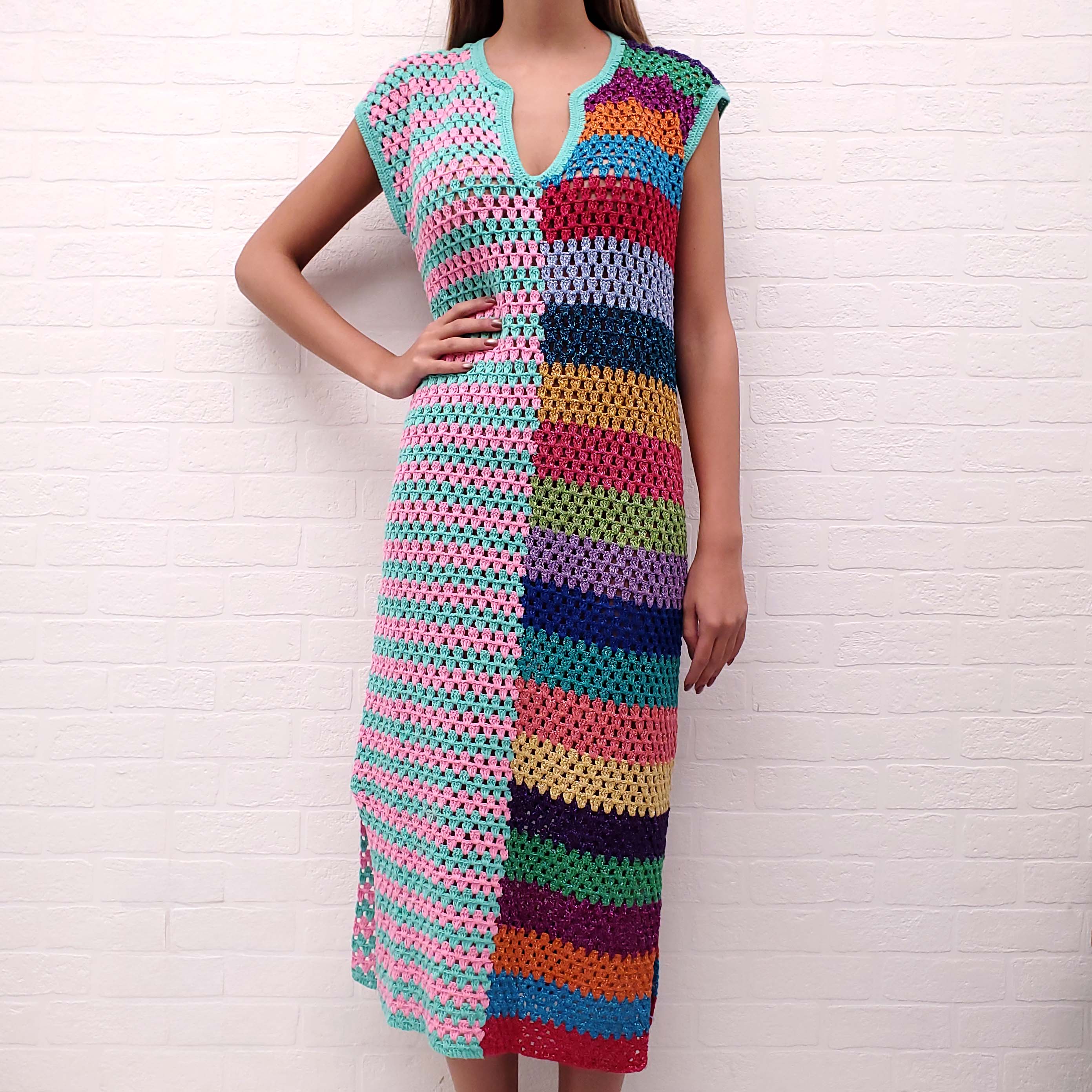ROSE CARMINE TWO PATTERNED LONG CROCHET DRESS - SIZE 1/S