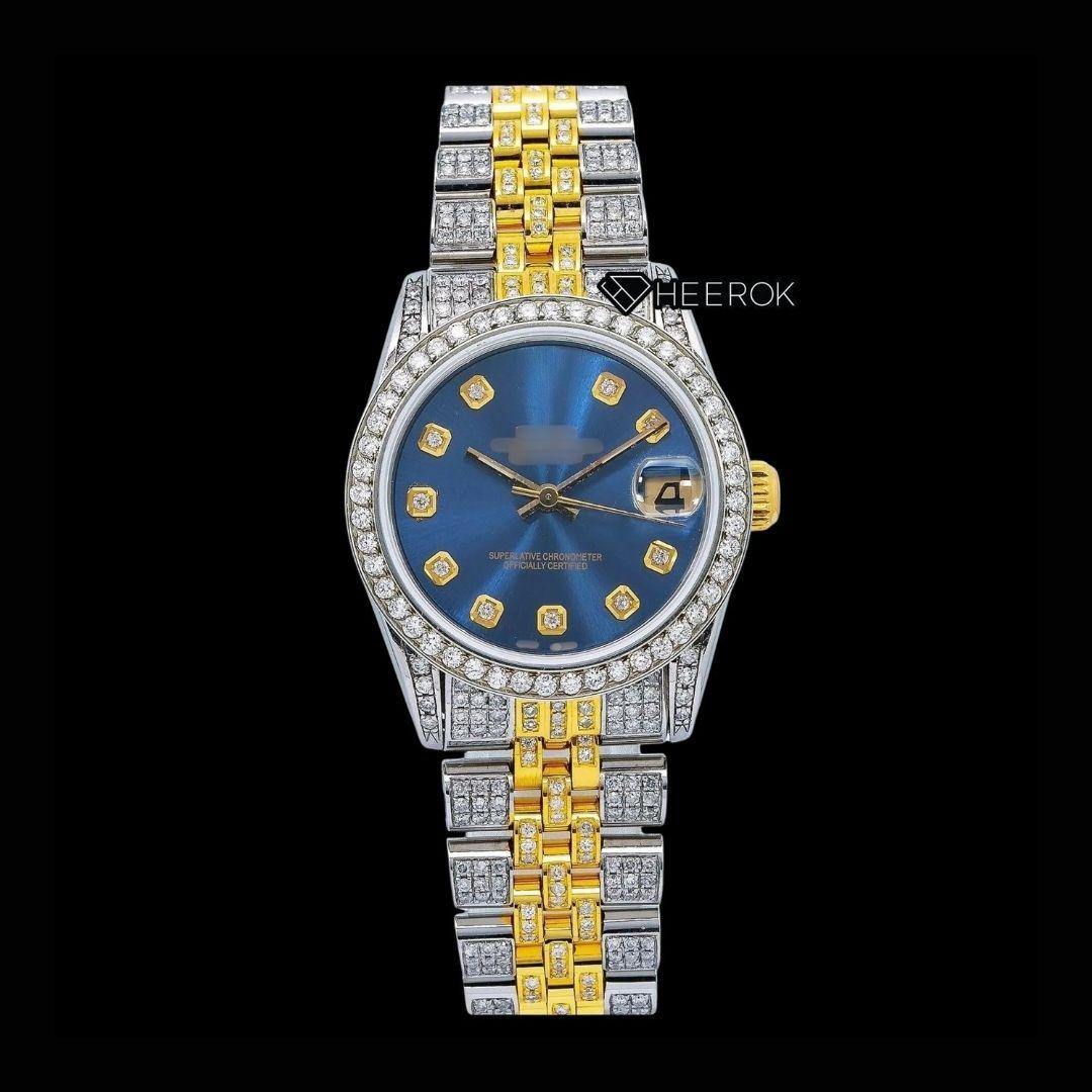 Rolex Datejust Blue Dial Diamond Markers Diamond Bezel Two Tone Yellow Gold Moissanite Diamond Jubilee Bracelet For Women