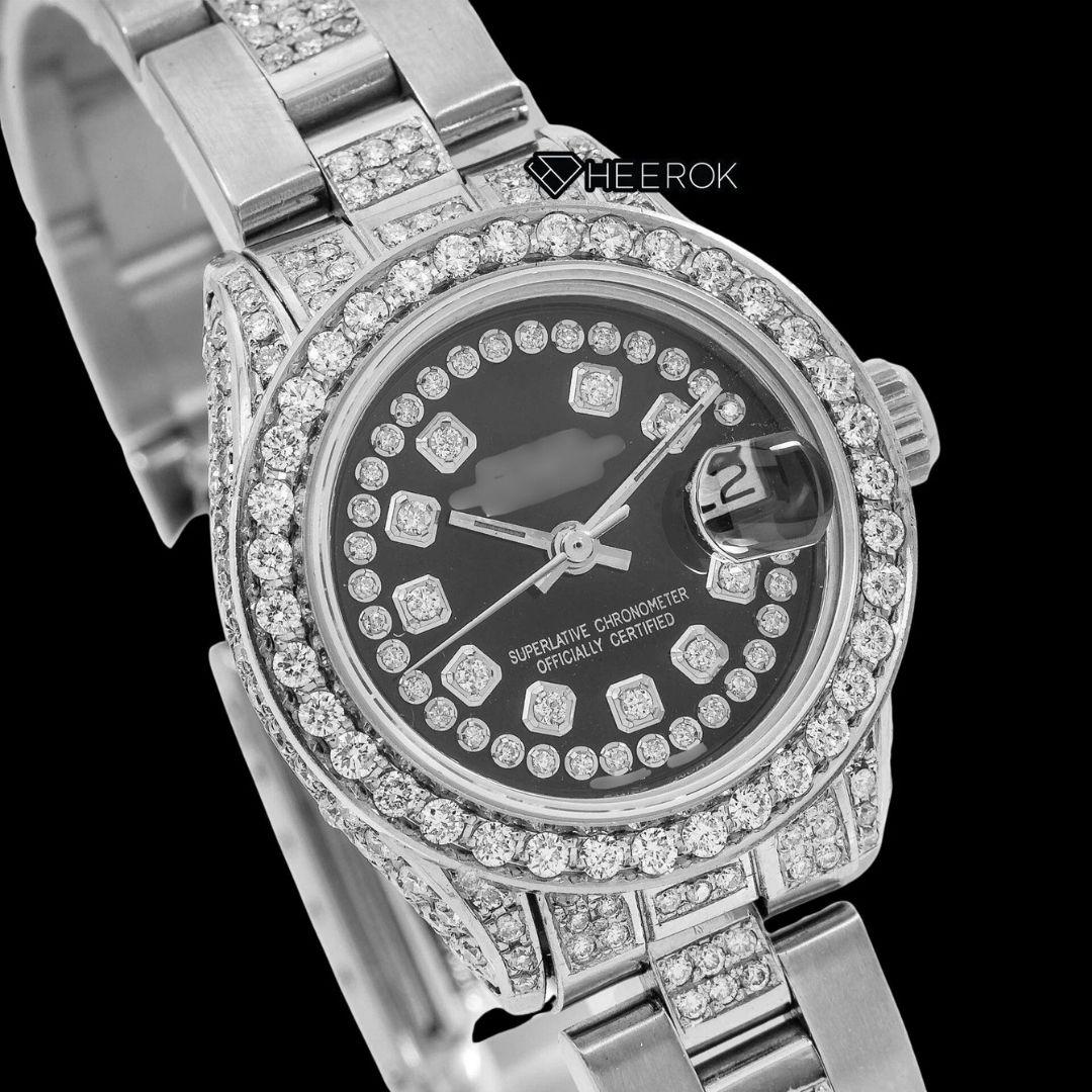 Rolex Datejust Diamond Markers Black Dial Diamond Bezel Semi Iced Moissanite Diamond Oyster Bracelet For Women
