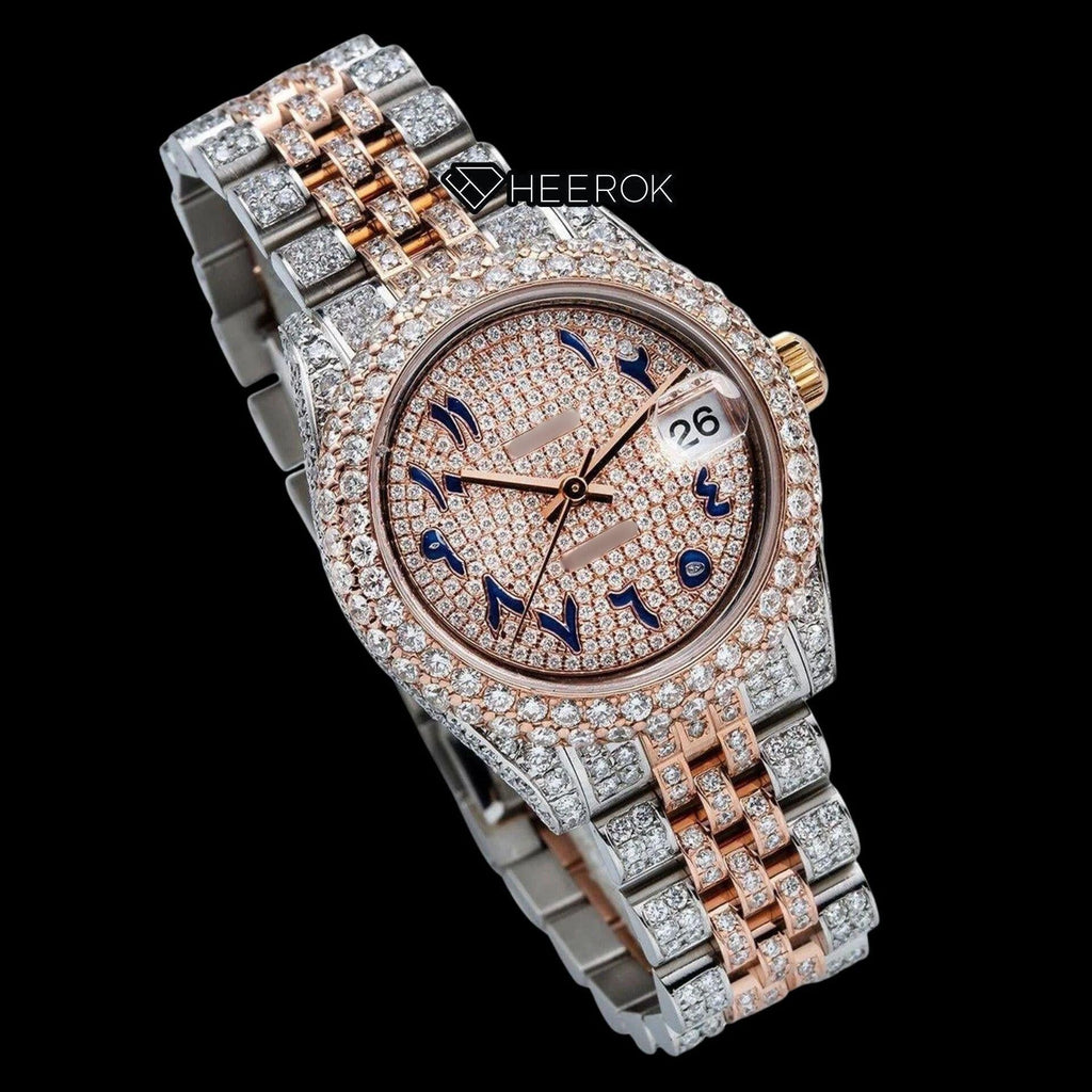 Rolex Datejust Diamond Paved Dial Blue Arabic Numerals Diamond Bezel Two Tone Rose Gold Fully Iced Moissanite Diamond Jubilee Bracelet For Women