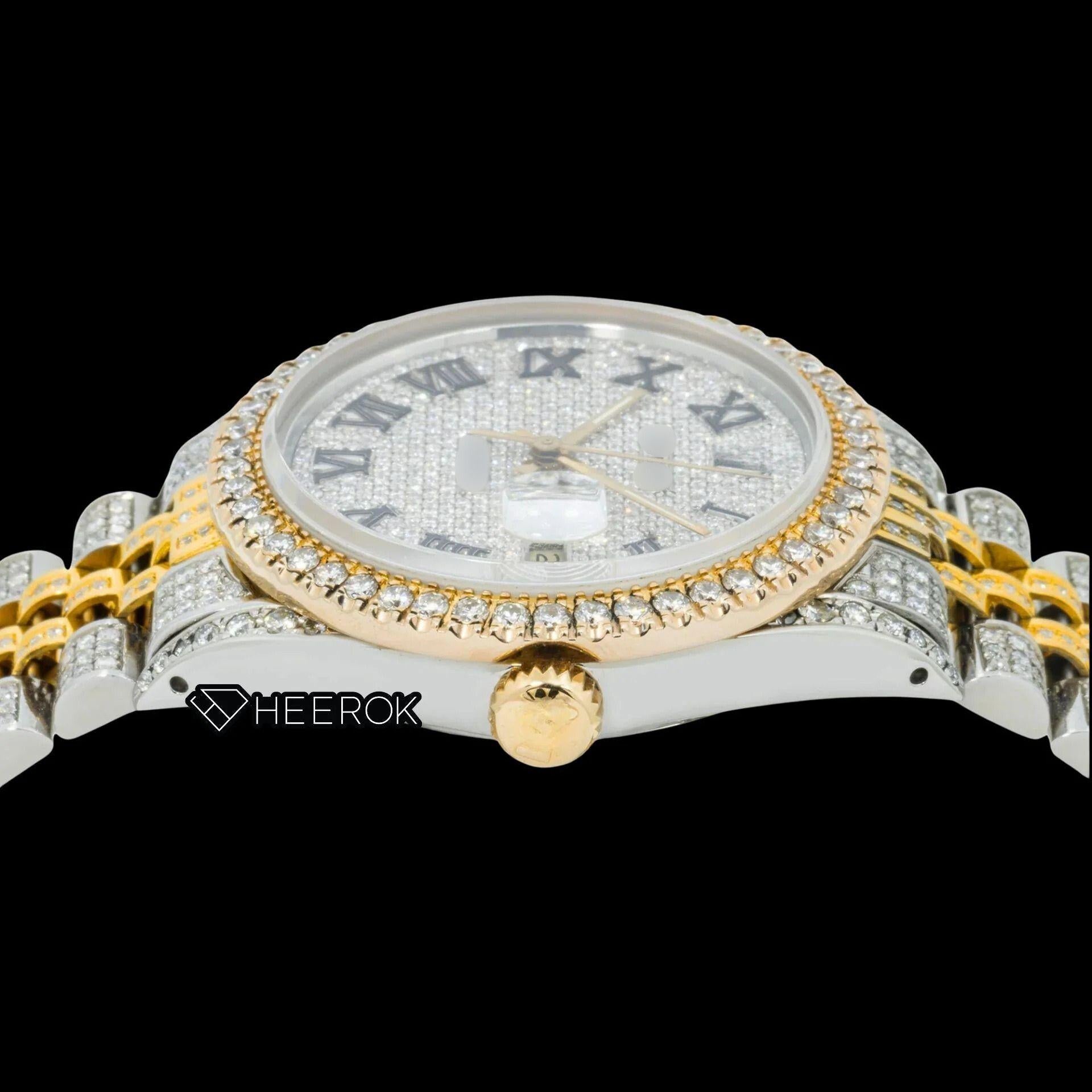 Rolex Datejust Diamond Paved Dial Roman Numerals Diamond Bezel Two Tone Yellow Gold Fully Iced Moissanite Diamond Jubilee Bracelet For Women