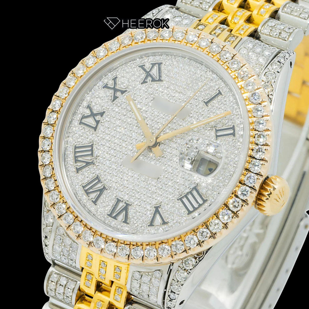 Rolex Datejust Diamond Paved Dial Roman Numerals Diamond Bezel Two Tone Yellow Gold Fully Iced Moissanite Diamond Jubilee Bracelet For Women