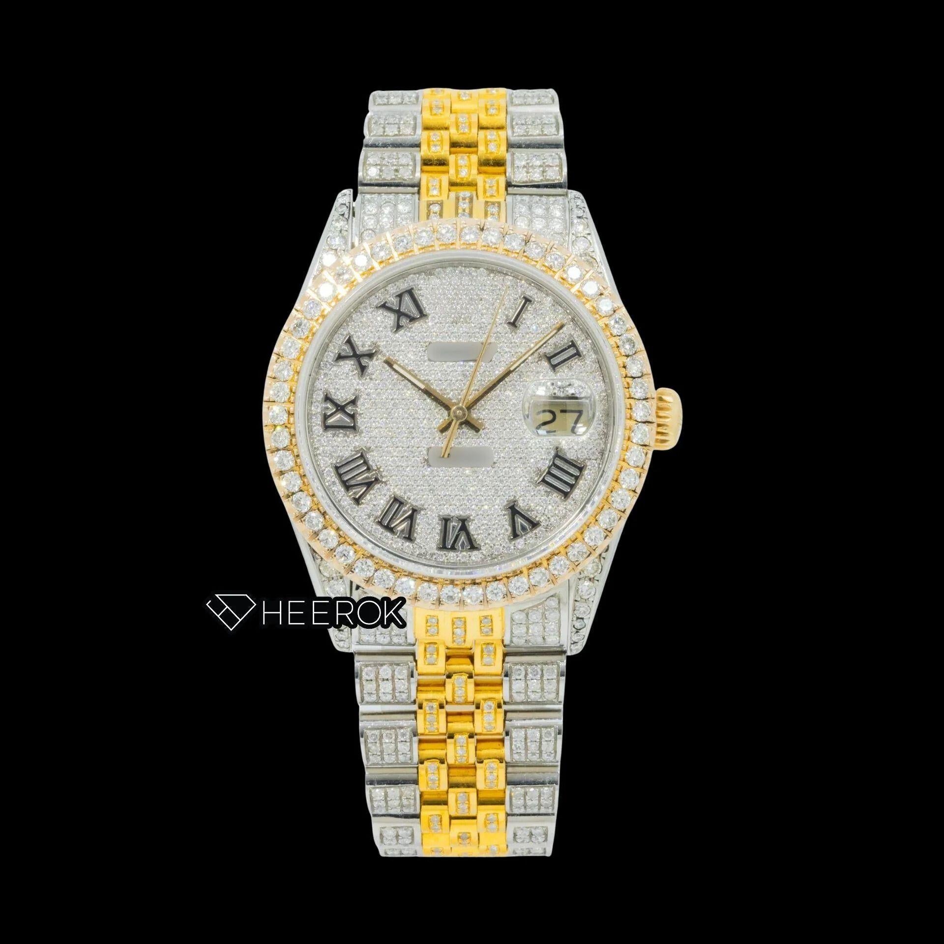 Rolex Datejust Diamond Paved Dial Roman Numerals Diamond Bezel Two Tone Yellow Gold Fully Iced Moissanite Diamond Jubilee Bracelet For Women