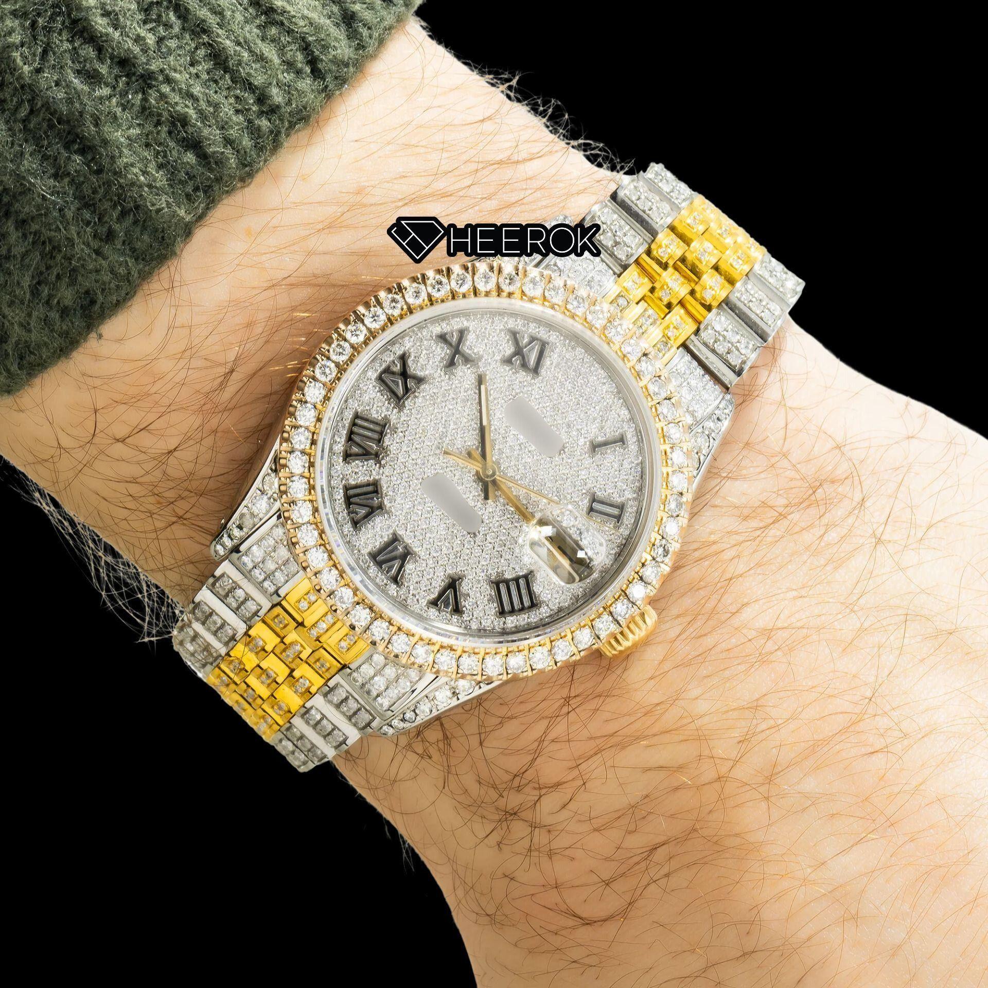 Rolex Datejust Diamond Paved Dial Roman Numerals Diamond Bezel Two Tone Yellow Gold Fully Iced Moissanite Diamond Jubilee Bracelet For Women