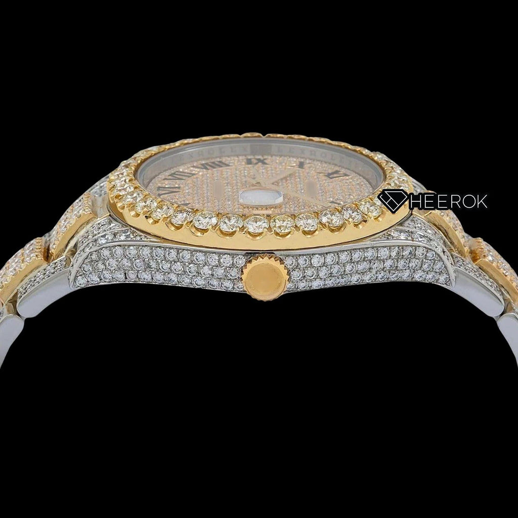 Rolex Datejust Diamond Paved Yellow Dial Roman Numerals Diamond Bezel Two Tone Yellow Gold Bust Down Moissanite Diamond Oyster Bracelet Watch