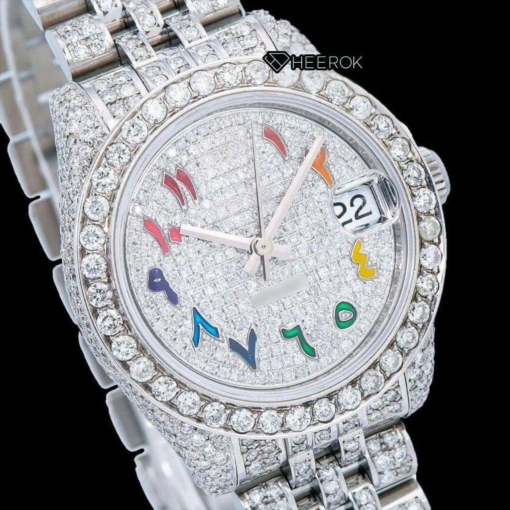 Rolex Datejust Multicolor Arabic Dial Diamond Bezel Fully Iced Moissanite Diamond Jubilee Bracelet For Women