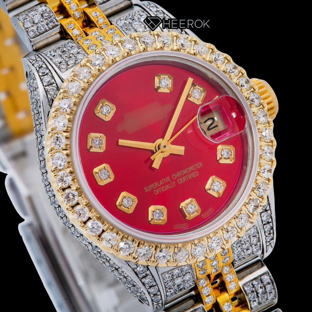 Rolex Datejust Red Dial Diamond Markers Diamond Bezel Two Tone Yellow Gold Moissanite Diamond Jubilee Bracelet For Women