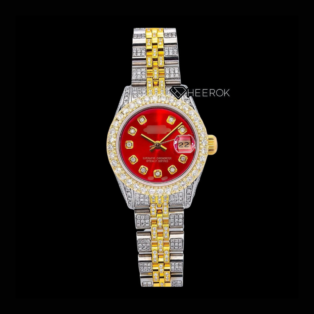 Rolex Datejust Red Dial Diamond Markers Diamond Bezel Two Tone Yellow Gold Moissanite Diamond Jubilee Bracelet For Women
