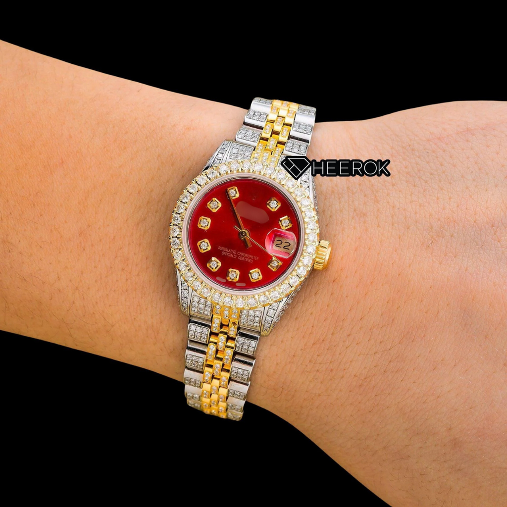 Rolex Datejust Red Dial Diamond Markers Diamond Bezel Two Tone Yellow Gold Moissanite Diamond Jubilee Bracelet For Women