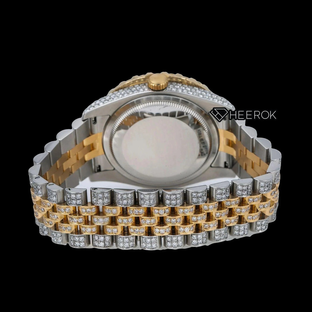 Rolex Datejust Yellow Dial Arabic Numerals Large Round Diamond Bezel Two Tone Yellow Gold Iced Out Moissanite Diamond Jubilee Bracelet For Women