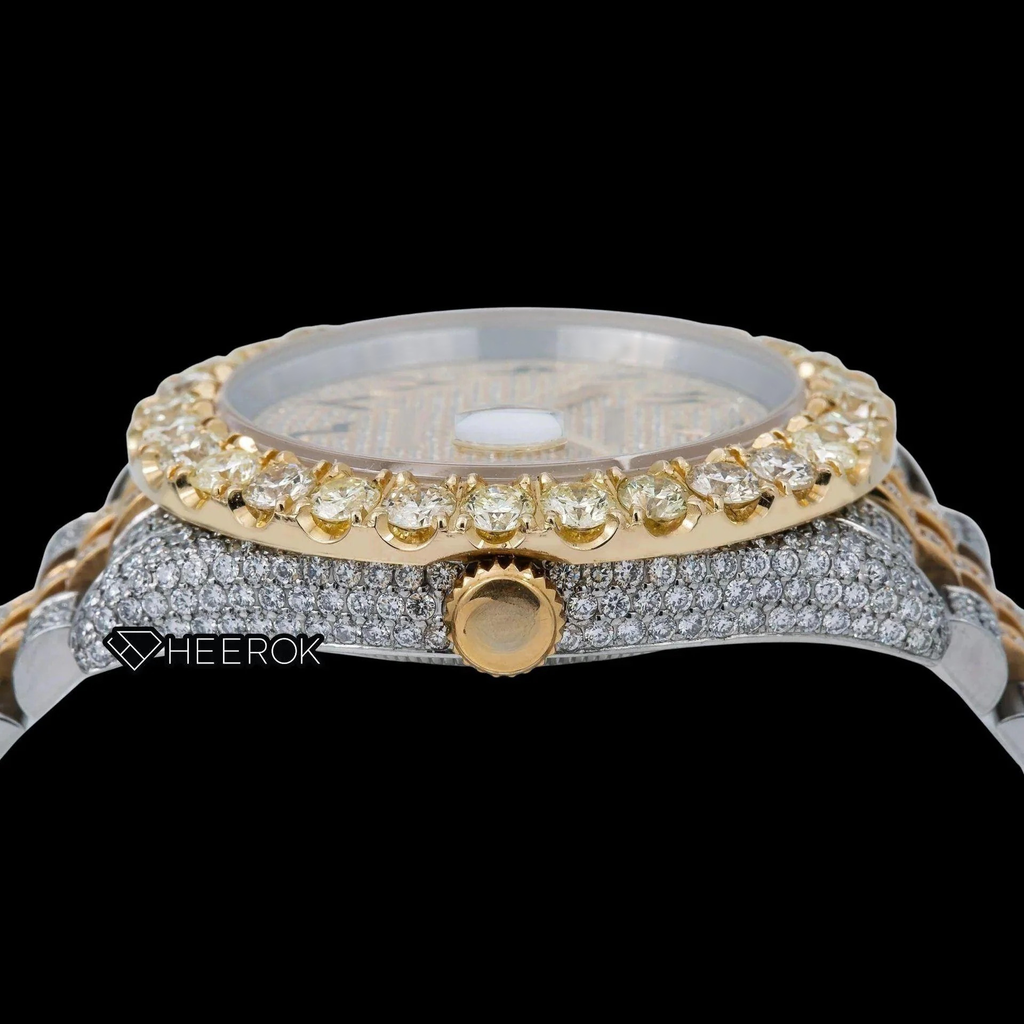 Rolex Datejust Yellow Dial Arabic Numerals Large Round Diamond Bezel Two Tone Yellow Gold Iced Out Moissanite Diamond Jubilee Bracelet For Women